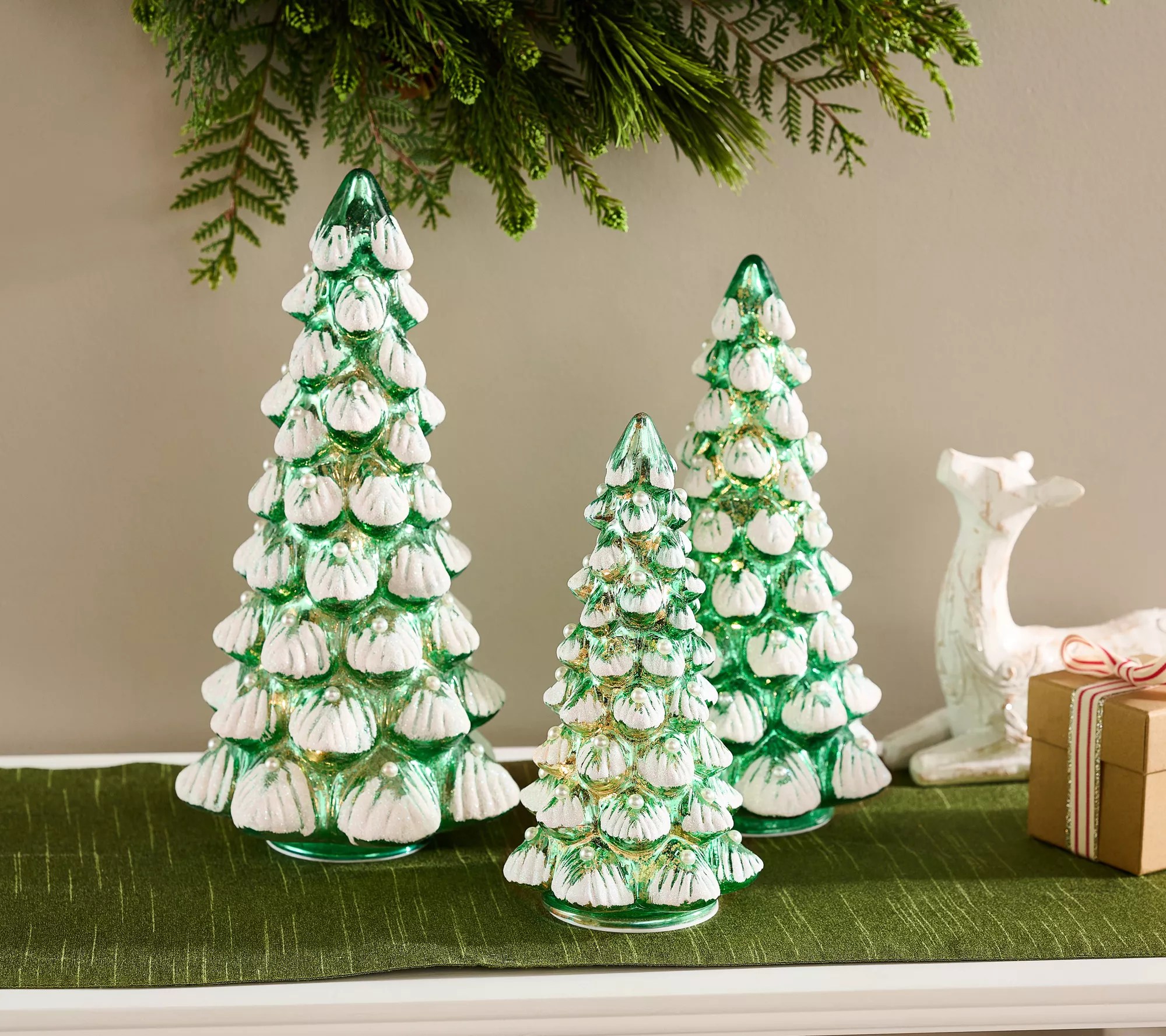 Set of 3 Illuminated Snow Tipped w/ Pearl Trees by Valerie