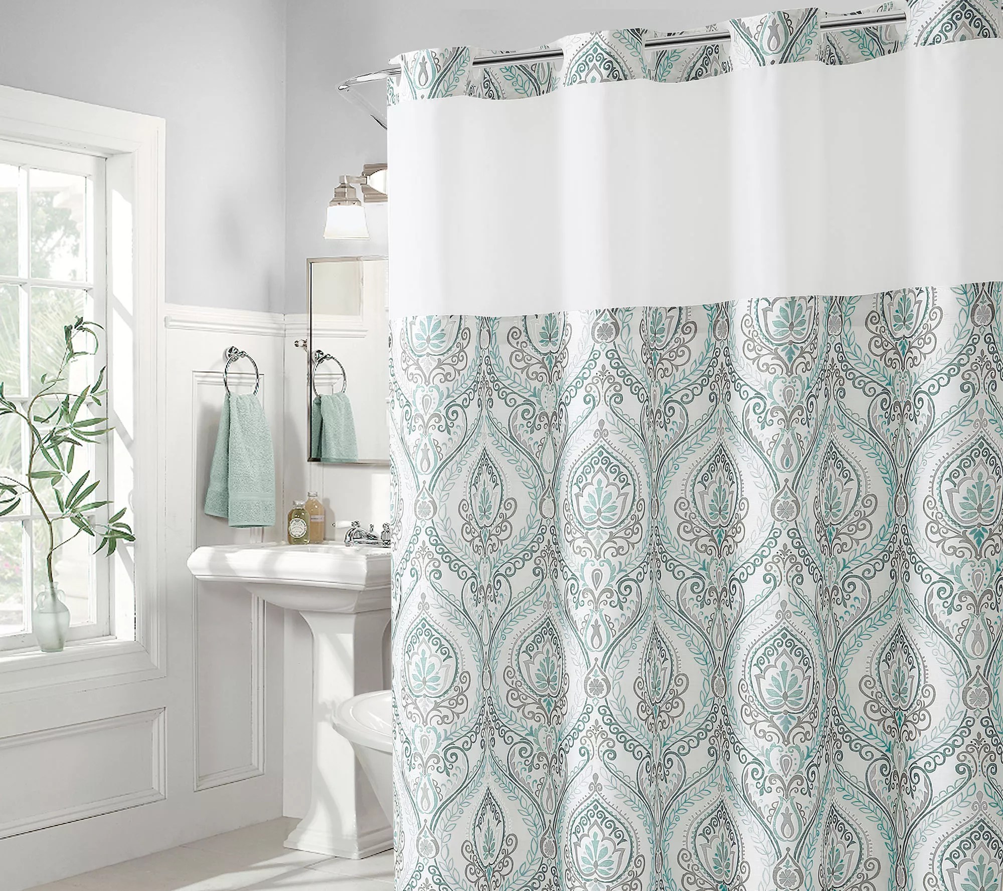 Hookless French Damask Shower Curtain with BuiltIn Liner