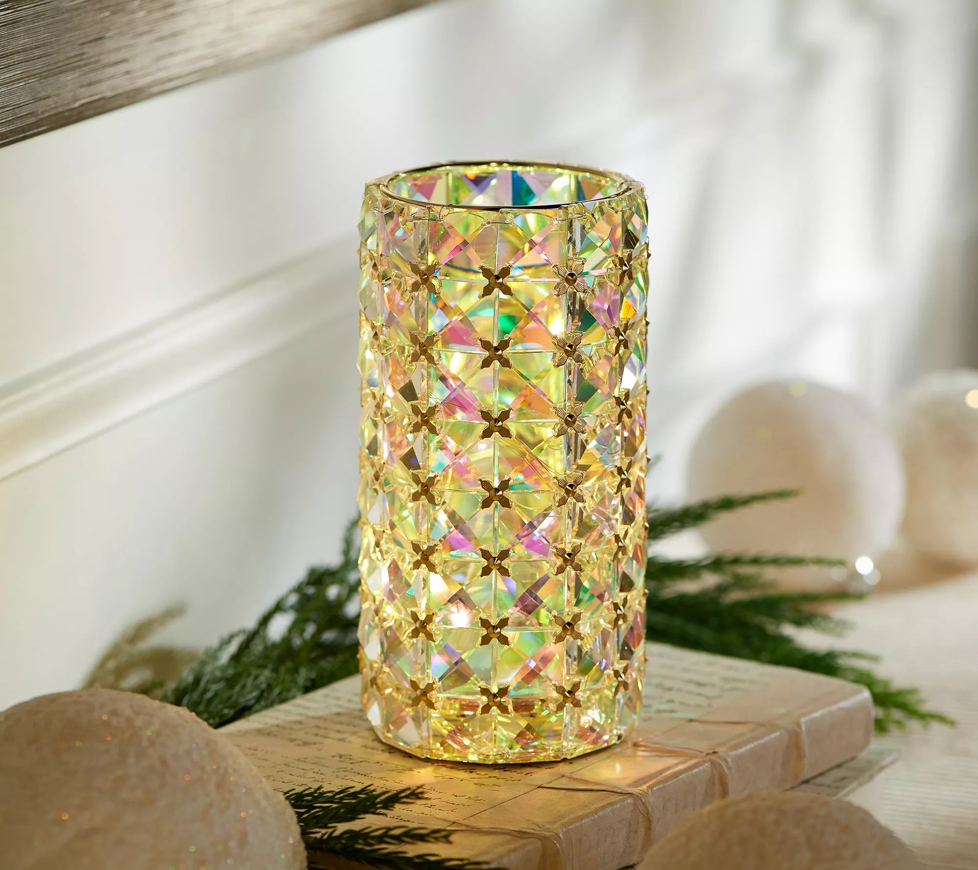 Illuminated 7.5" Iridescent Faceted Glass Hurricane by Valerie
