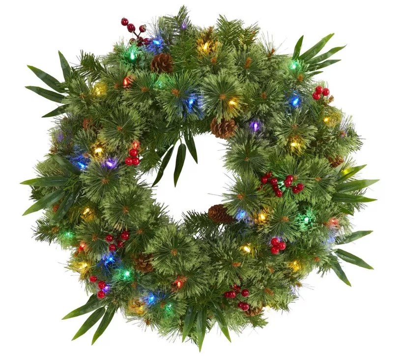 Nearly Natural 24in Mixed Pine Christmas Wreath w/LED Lights
