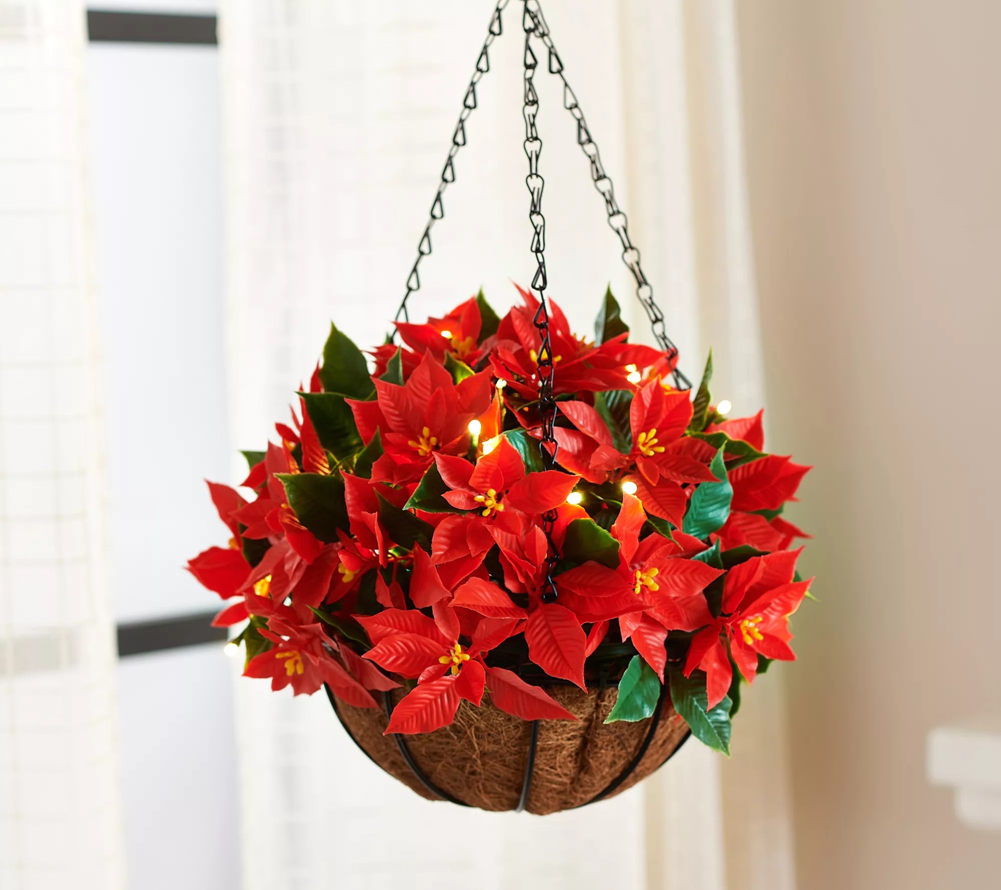 "As Is" Bethlehem Lights Illum. 13" Poinsettia Hanging Basket