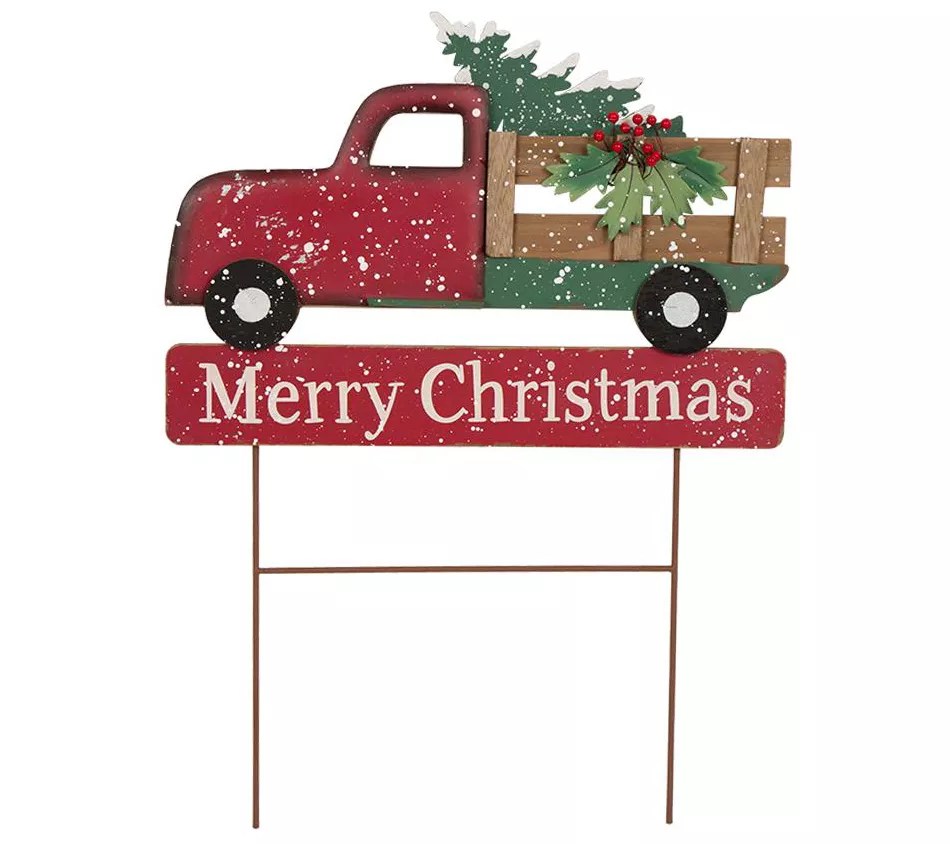 Glitzhome Christmas Vintage Red Truck Yard Stake or Wall Decor