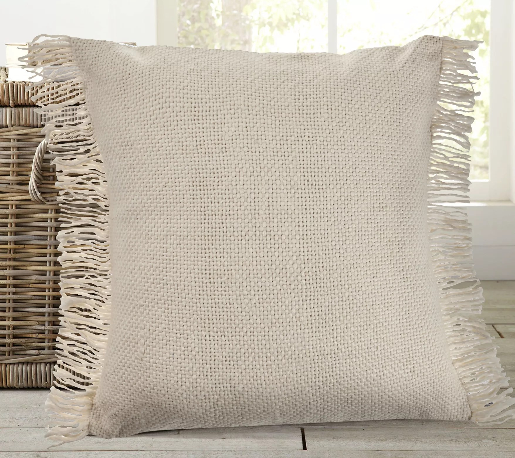 Ox Bay Solid Woven Beige Throw Pillow with Frin ge