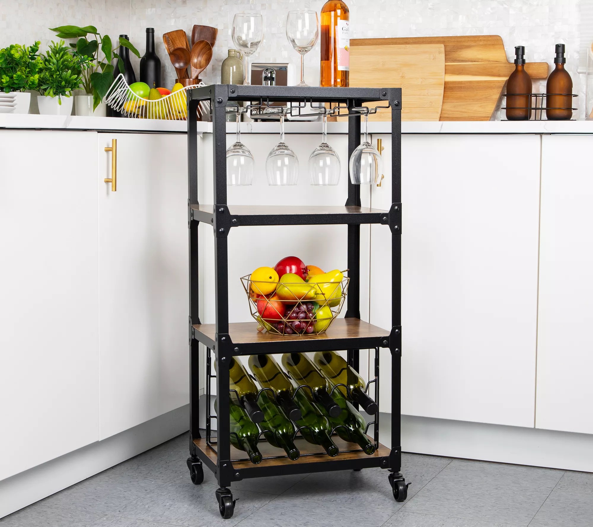 Mind Reader 4Tier Rolling Bar Cart on Wheels with Wine Racks