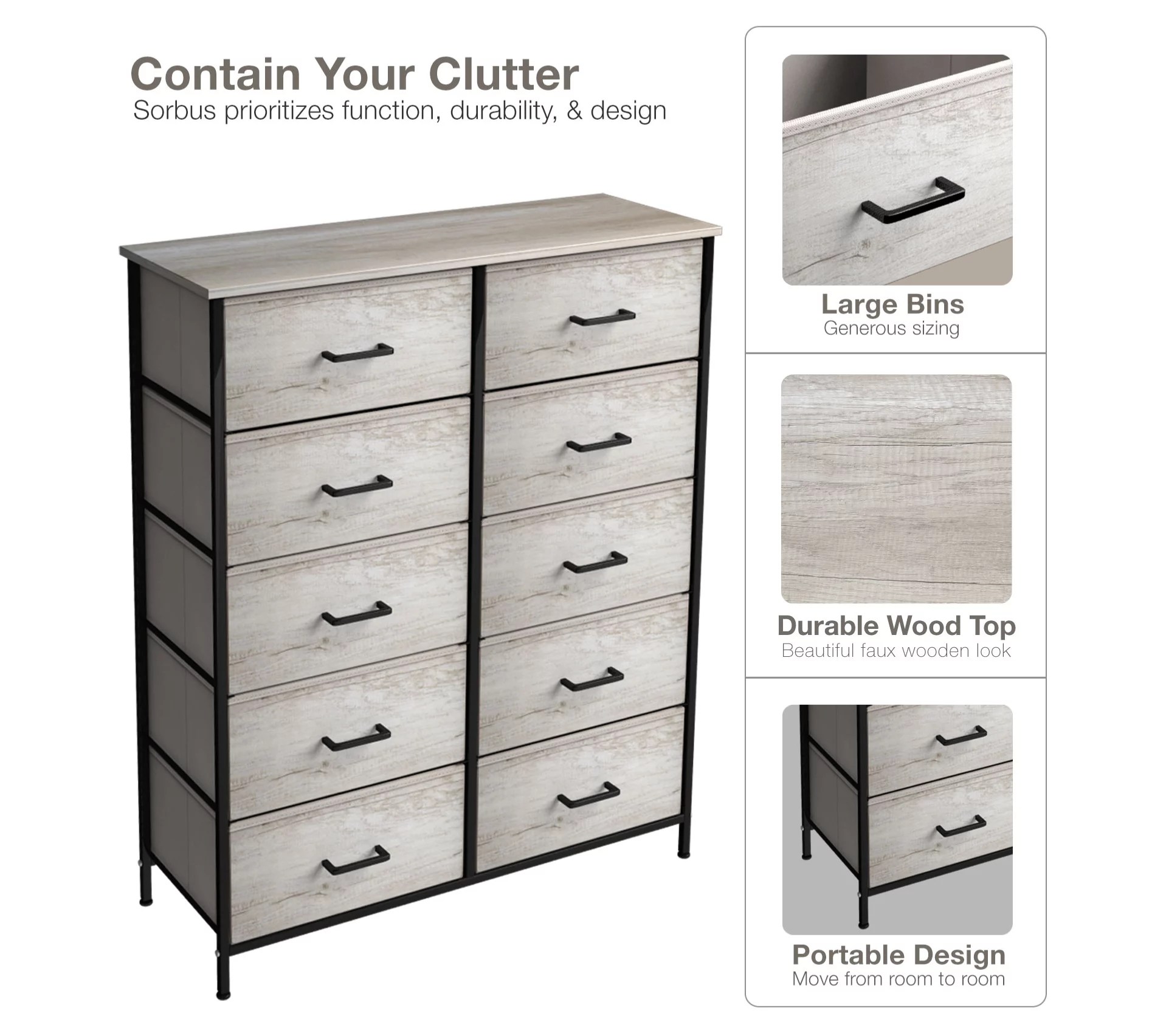 Sorbus Dresser with 10 Faux Wood Drawers