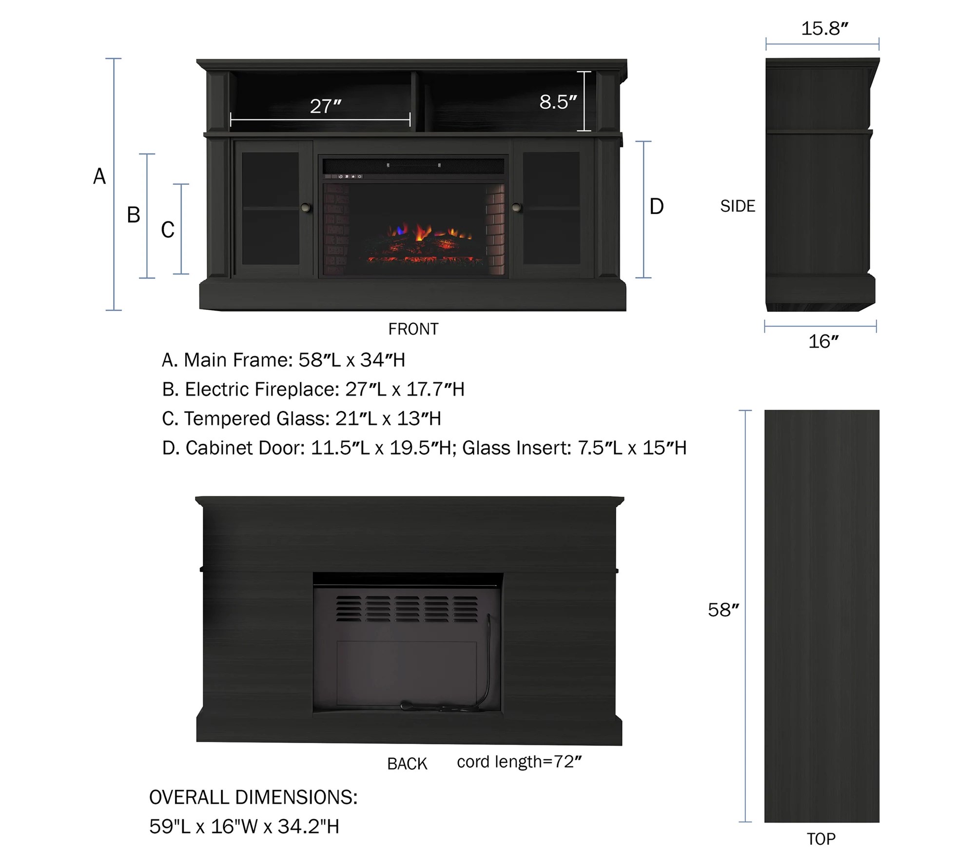 Lavish Home Fireplace 60" TV Stand Entertainment Center