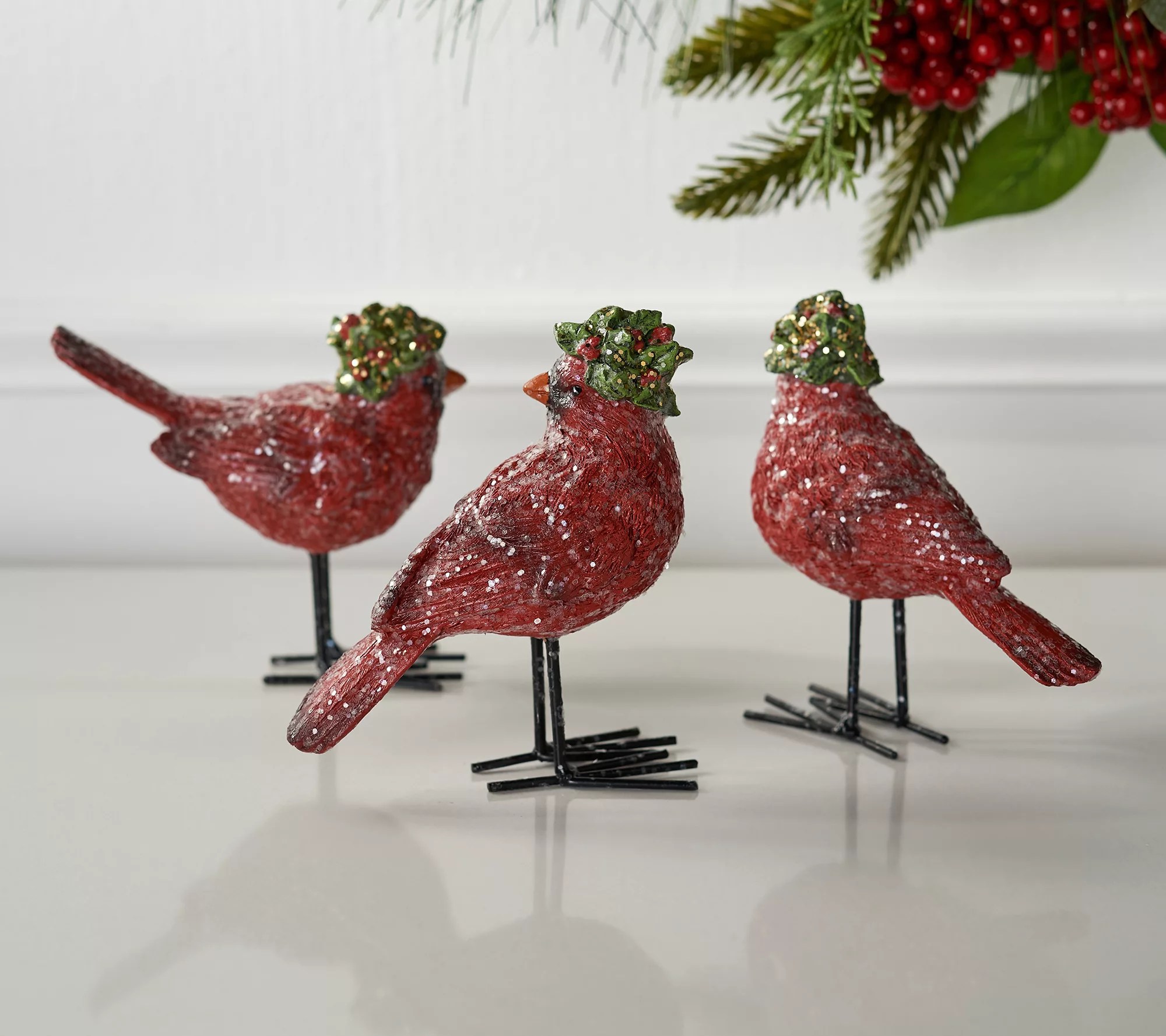 Set of 3 Decorative Cardinals with Holly Hats by Valerie
