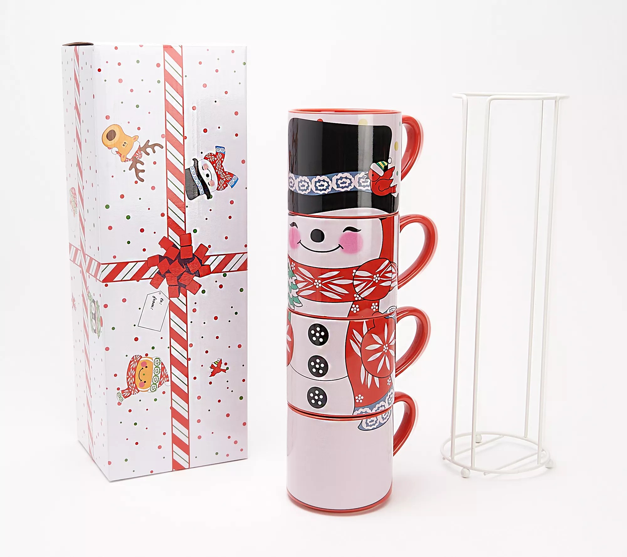 Temptations Set of (4) Winter Whimsy Stacking Mugs with Wire Stand