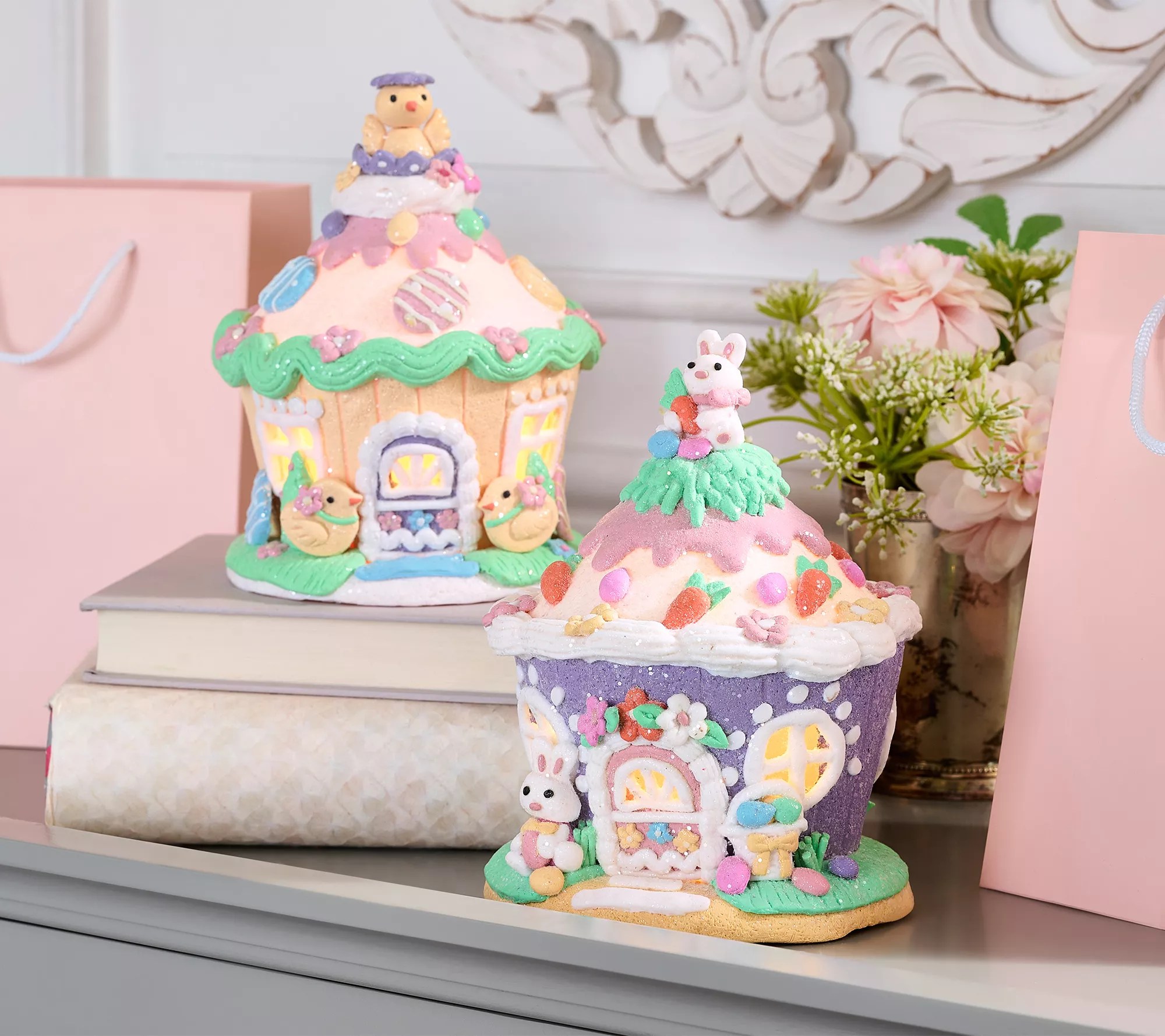 Set of 2 Lit Spring Cupcake Houses with Bags by Valerie