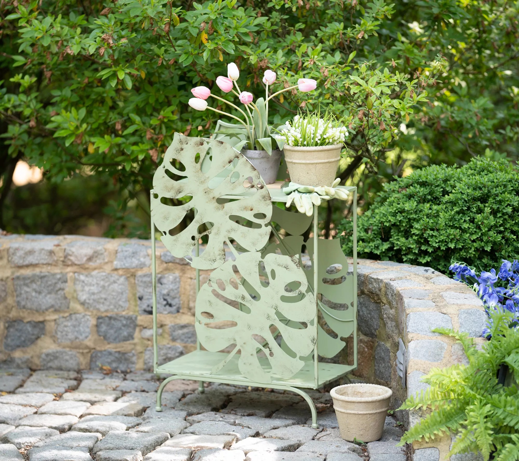 Evergreen Monstera Leaves Outdoor Potting Table& Storage - QVC.com