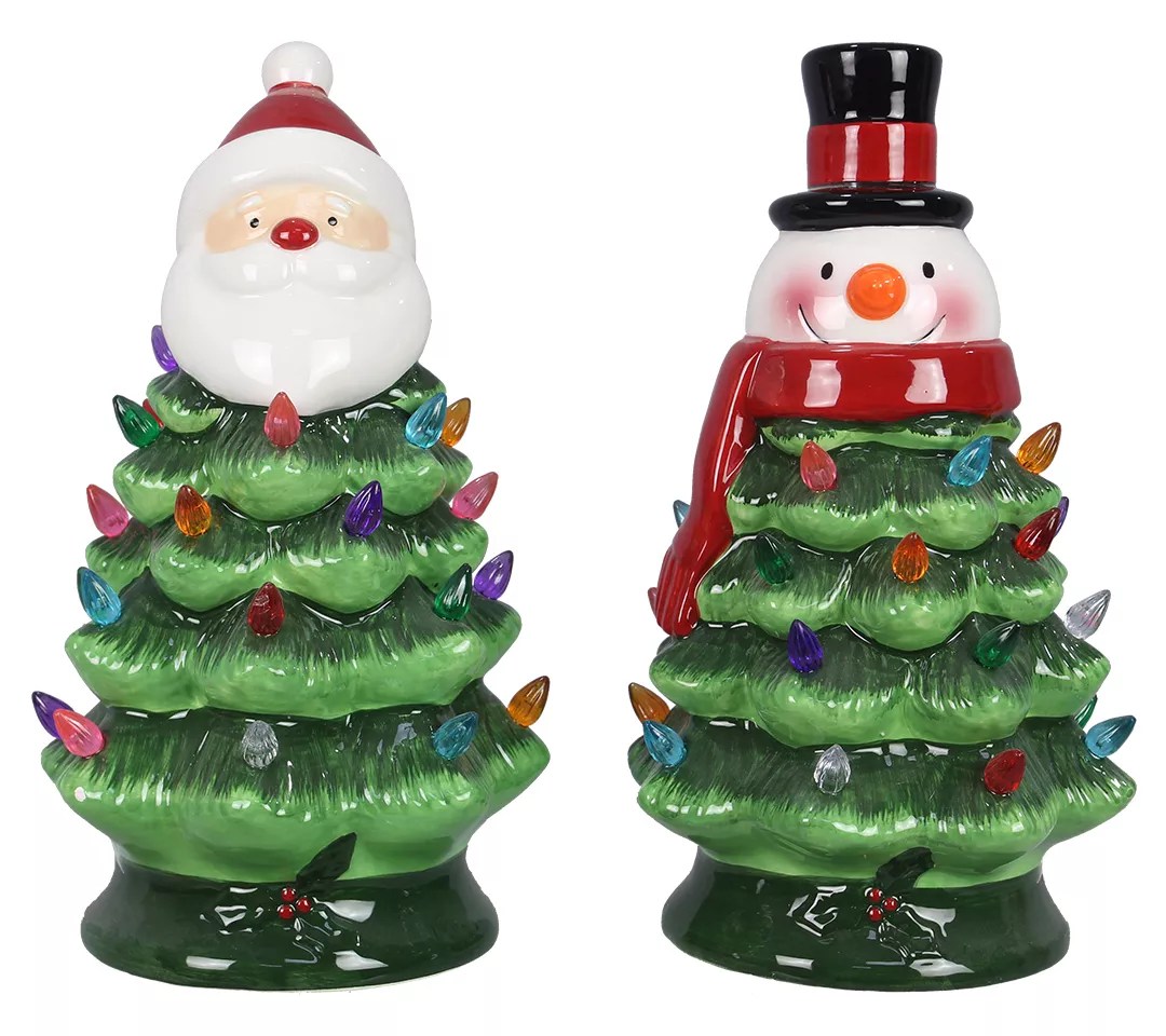 Young's Set of 2 Ceramic LED Santa and Snowman Christmas Trees