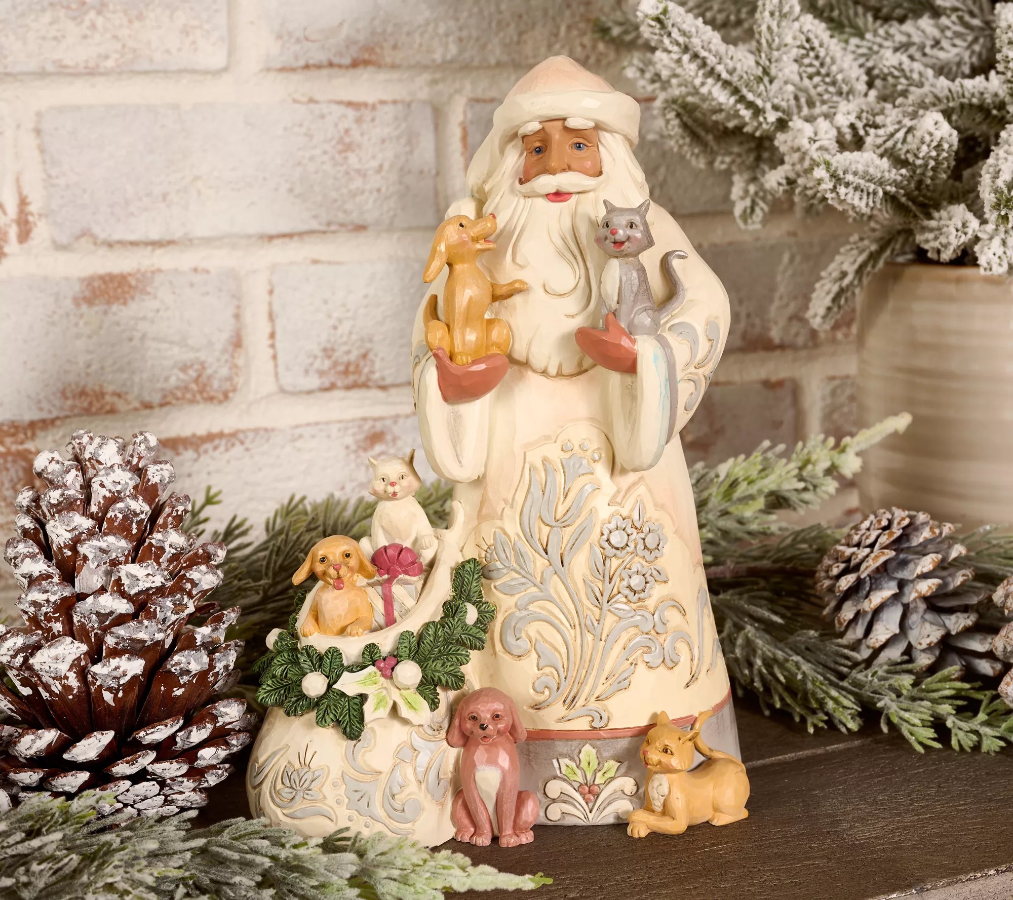 Jim Shore White Woodland 9" Santa with Pets