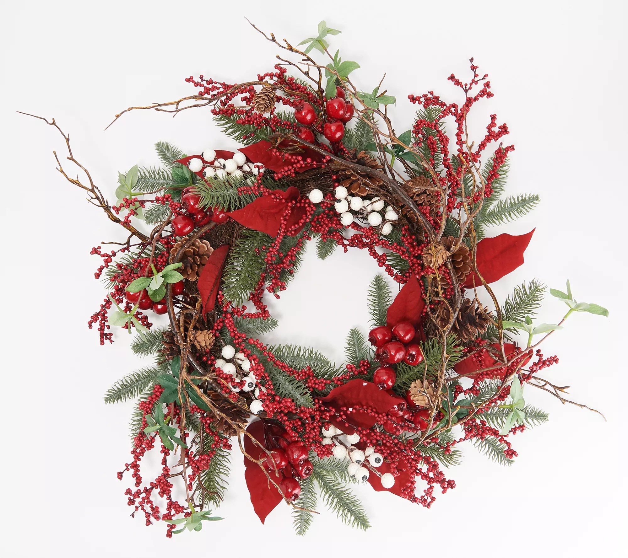 24" Poinsettia, Berry and Pinecone Wreath by Valerie