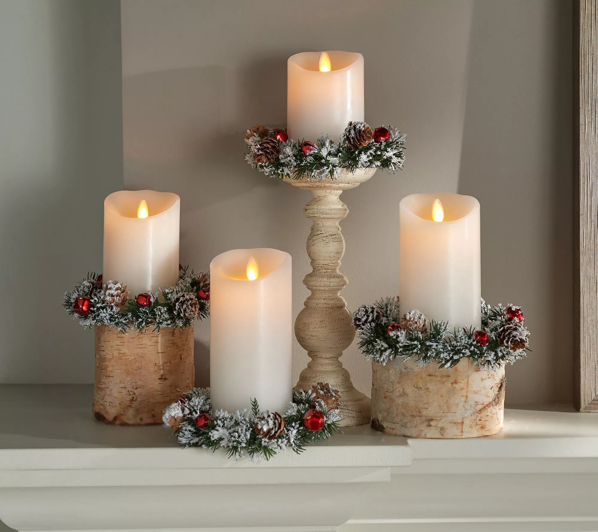 S/6 Snowy Jingle Bell and Pinecone Candle Rings by Valerie