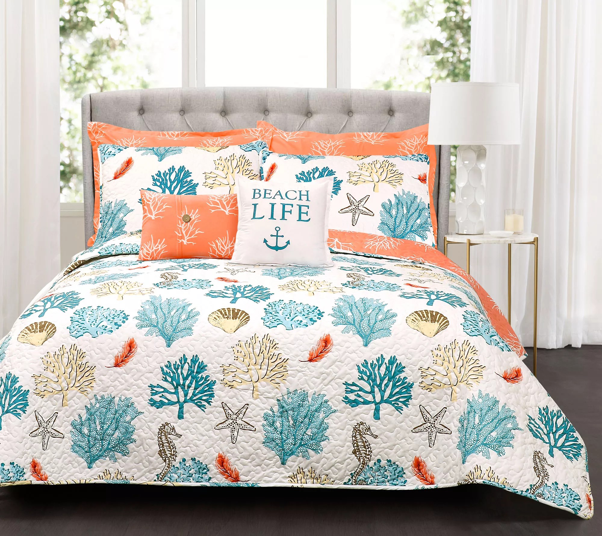 Coastal Reef Blue/Coral 7Piece FL/QN Quilt Setby Lush Decor