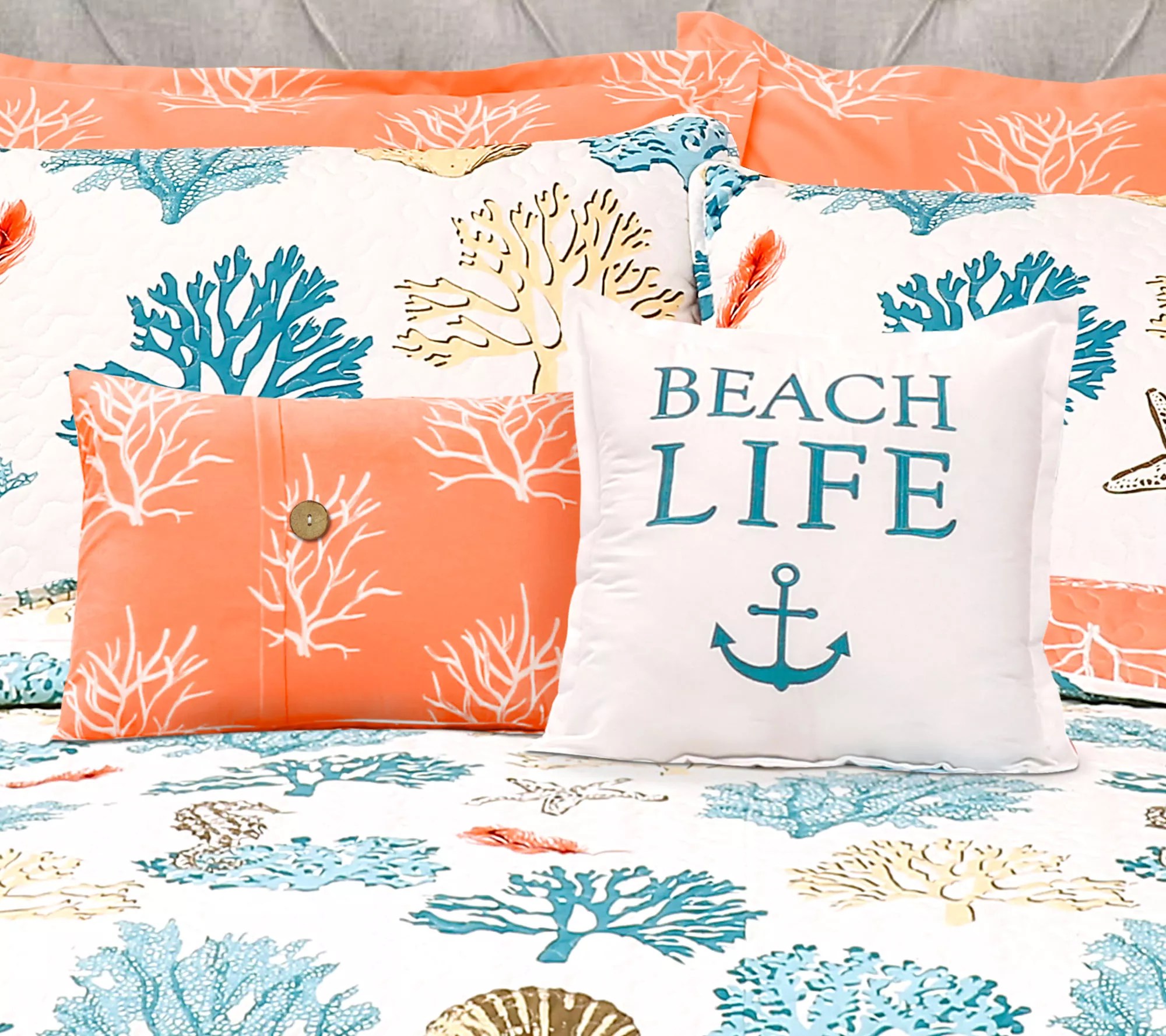 Coastal Reef Blue/Coral 7Piece FL/QN Quilt Setby Lush Decor