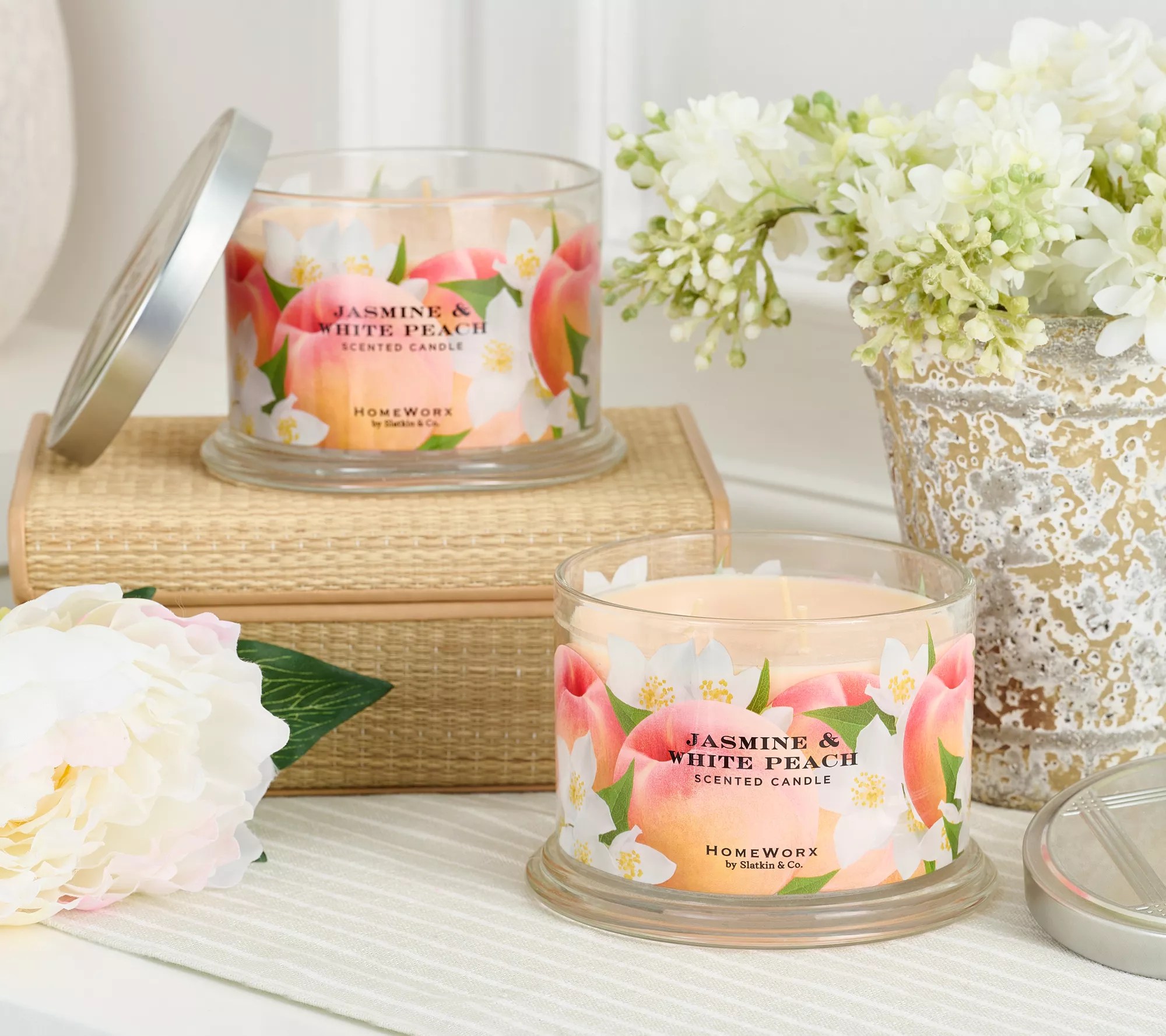 HomeWorx by Slatkin & Co. S/2 Jasmine & White Peach 14oz Candles