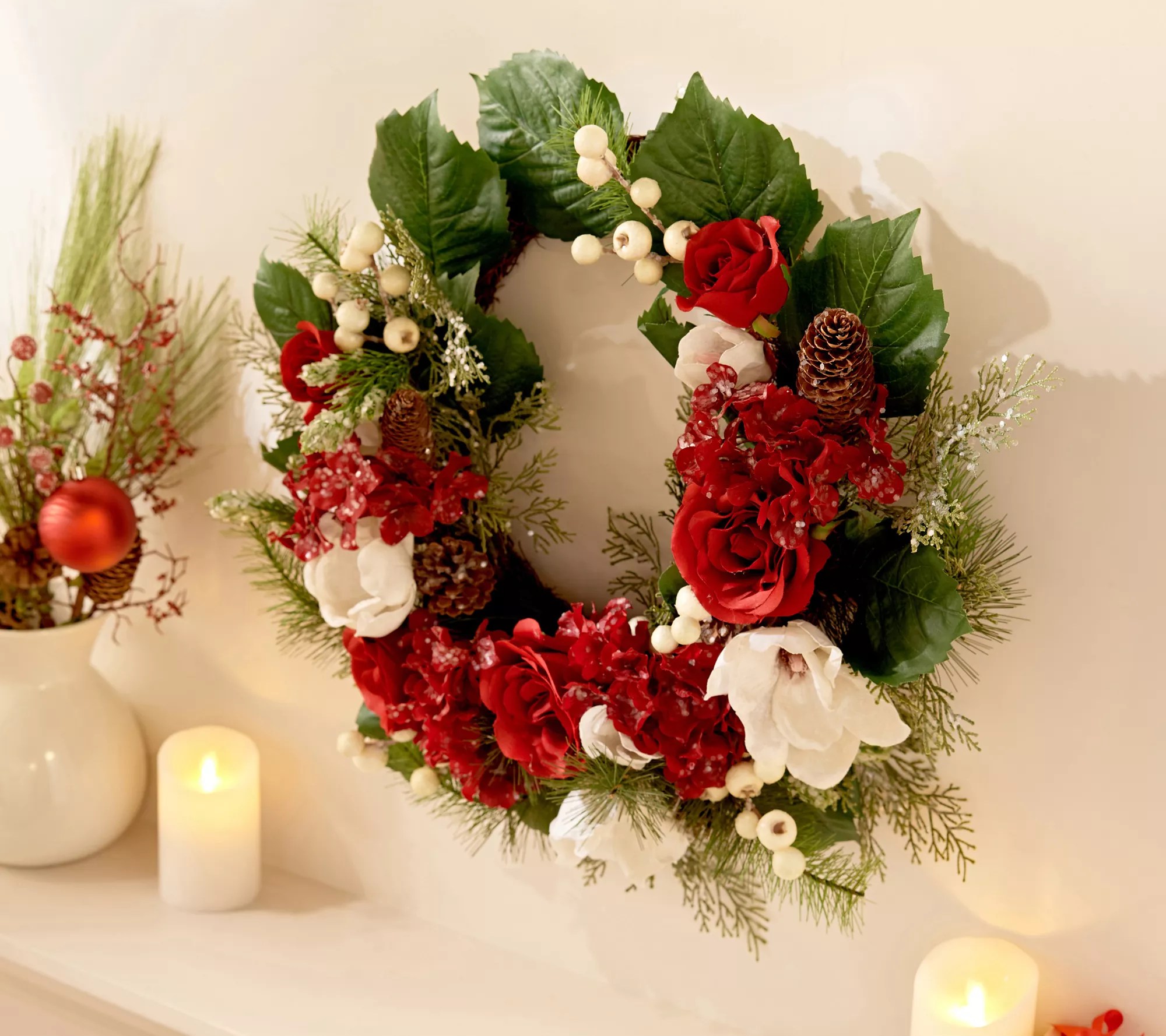 22" Hydrangea, Rose and Magnolia Crescent Wreath by Valerie