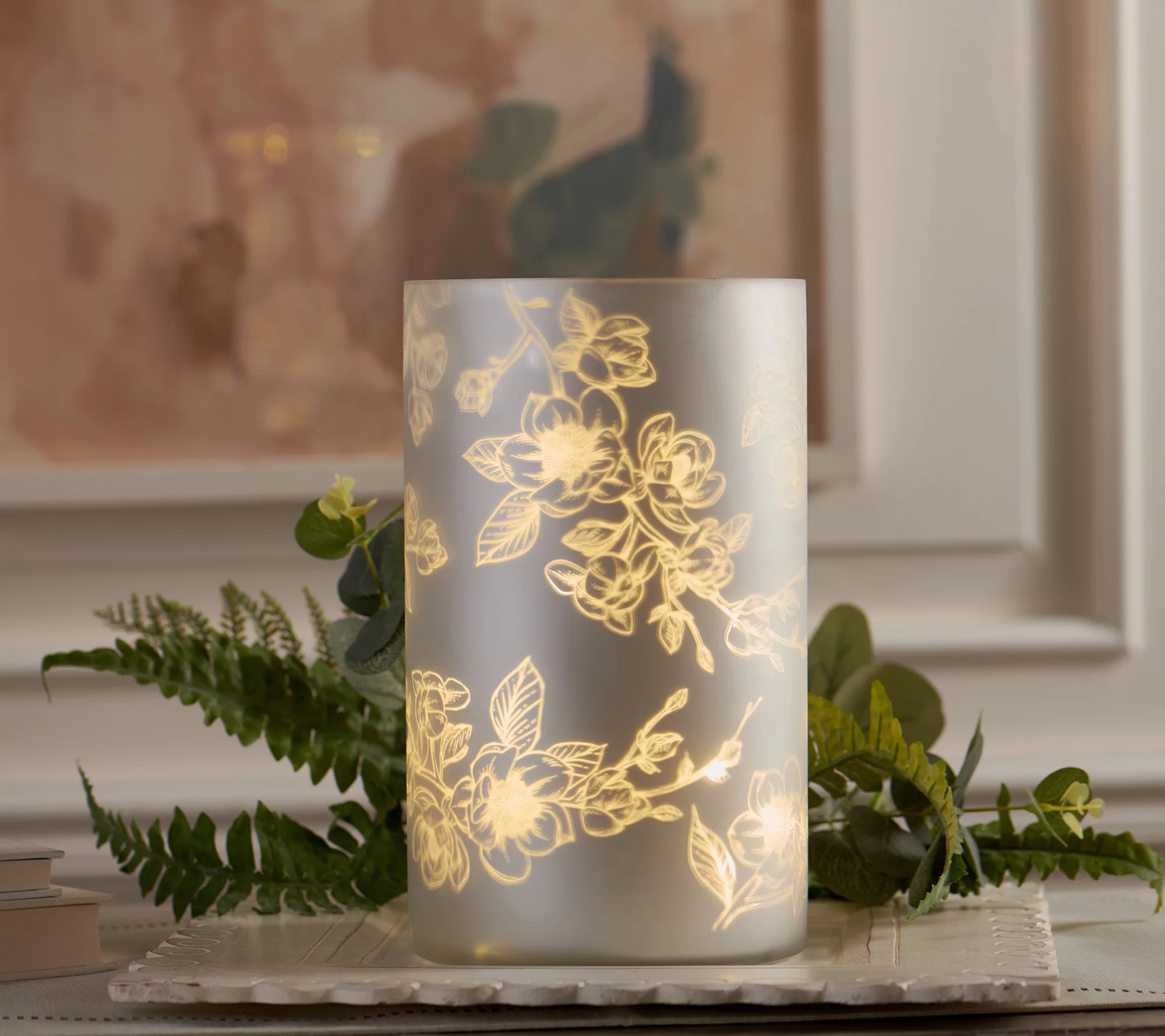"As Is" 10" Illuminated Etched Floral Glass Hurricane by Valerie