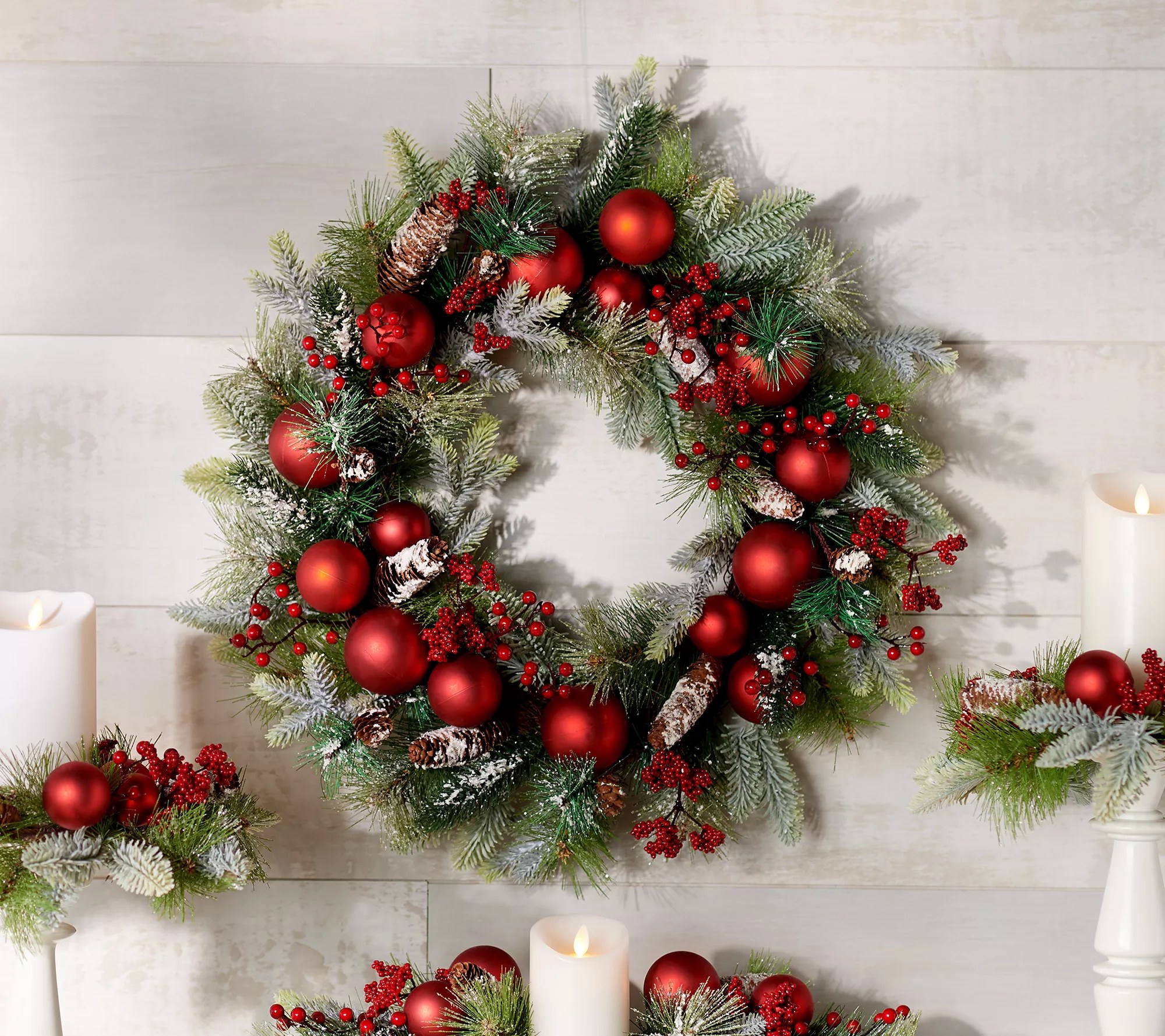 24" Frosted Pine and Ornament Wreath by Valerie
