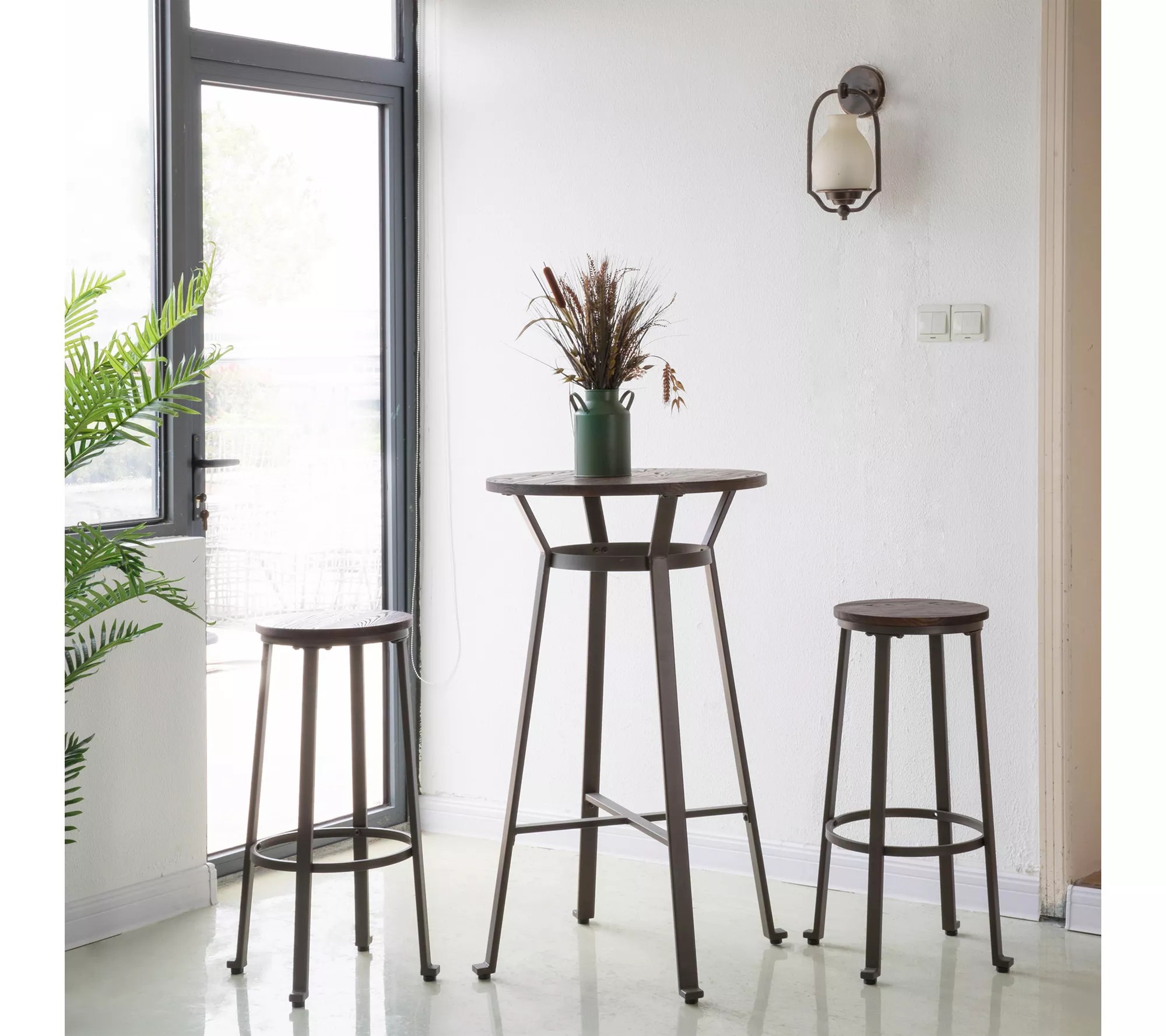 Glitzhome Rustic Set of 2 Steel Bar Stools w/ Wood Round Top