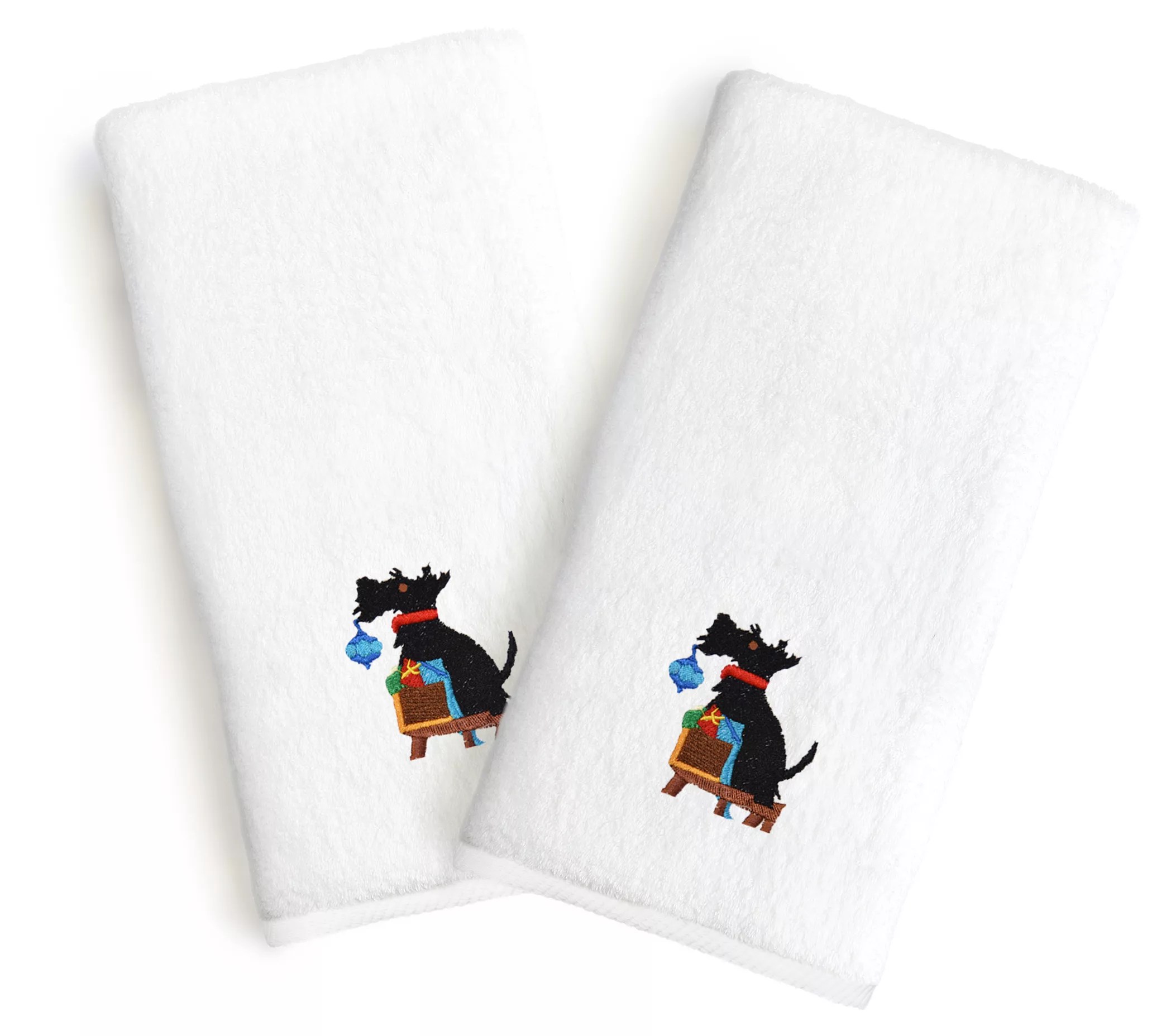Linum Home Embroidered Luxury Hand Towels Christmas Dog S/2