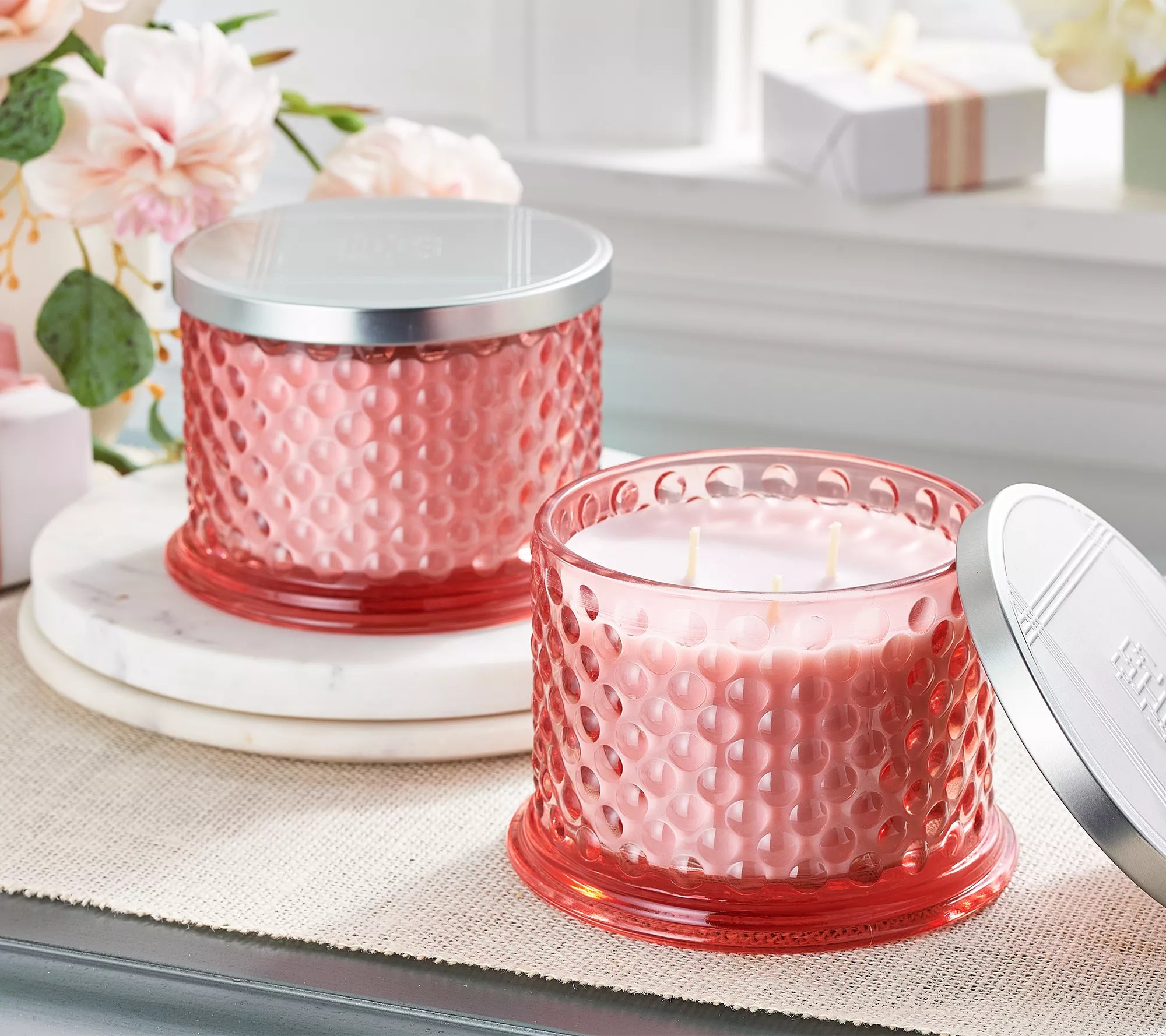 "As Is"HomeWorx by Slatkin & Co S/2 14oz Hibiscus Flower Glass Candles