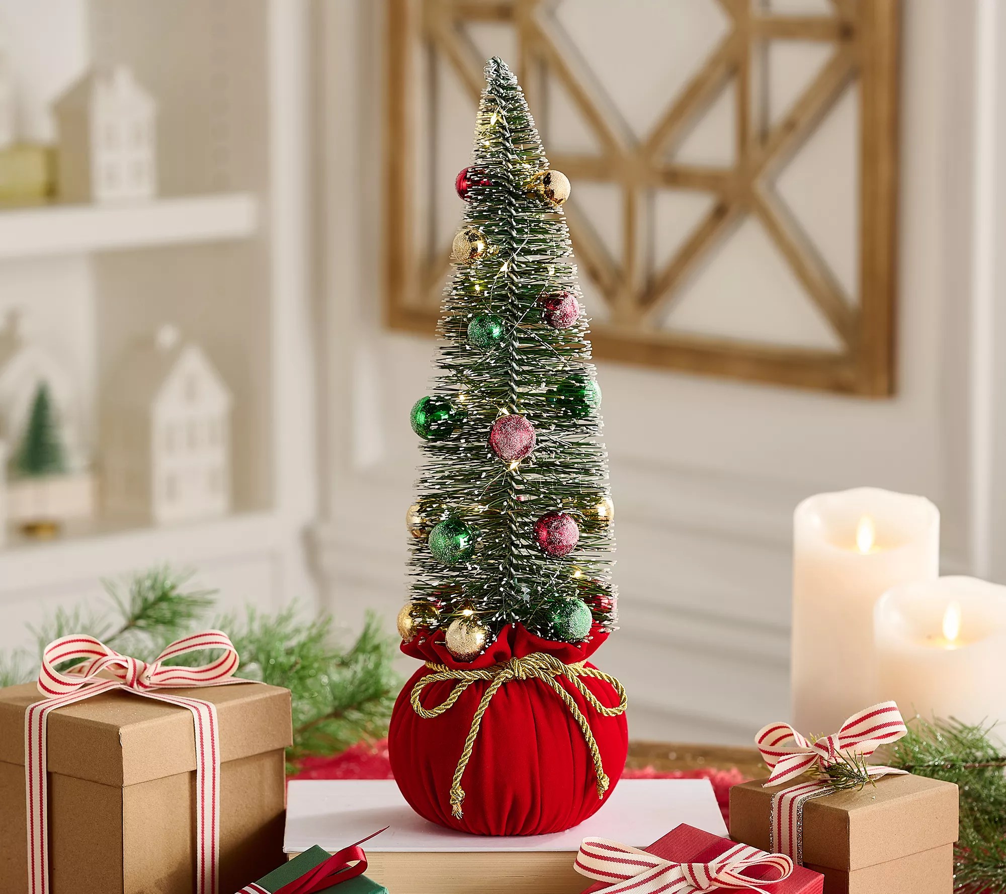 "As Is" 16" Illuminated Bottlebrush Tree in Santa Sack by Valerie