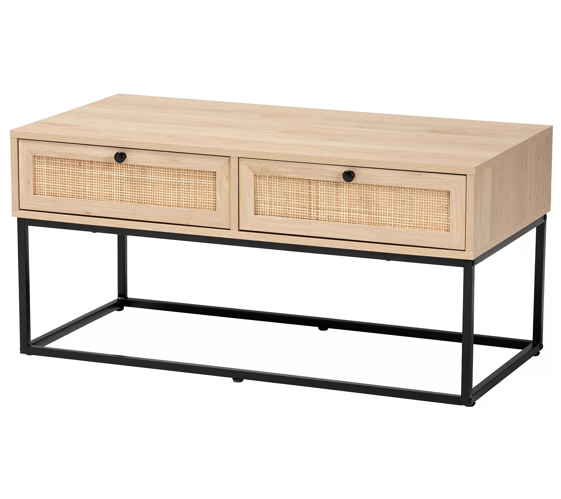 Amelia Brown Wood and Natural Rattan 2Drawer Coffee Table