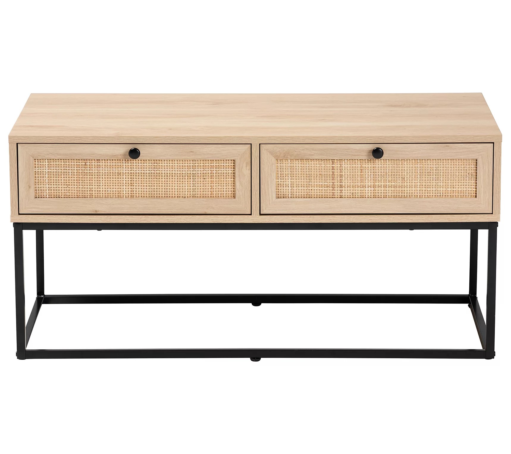 Amelia Brown Wood and Natural Rattan 2Drawer Coffee Table