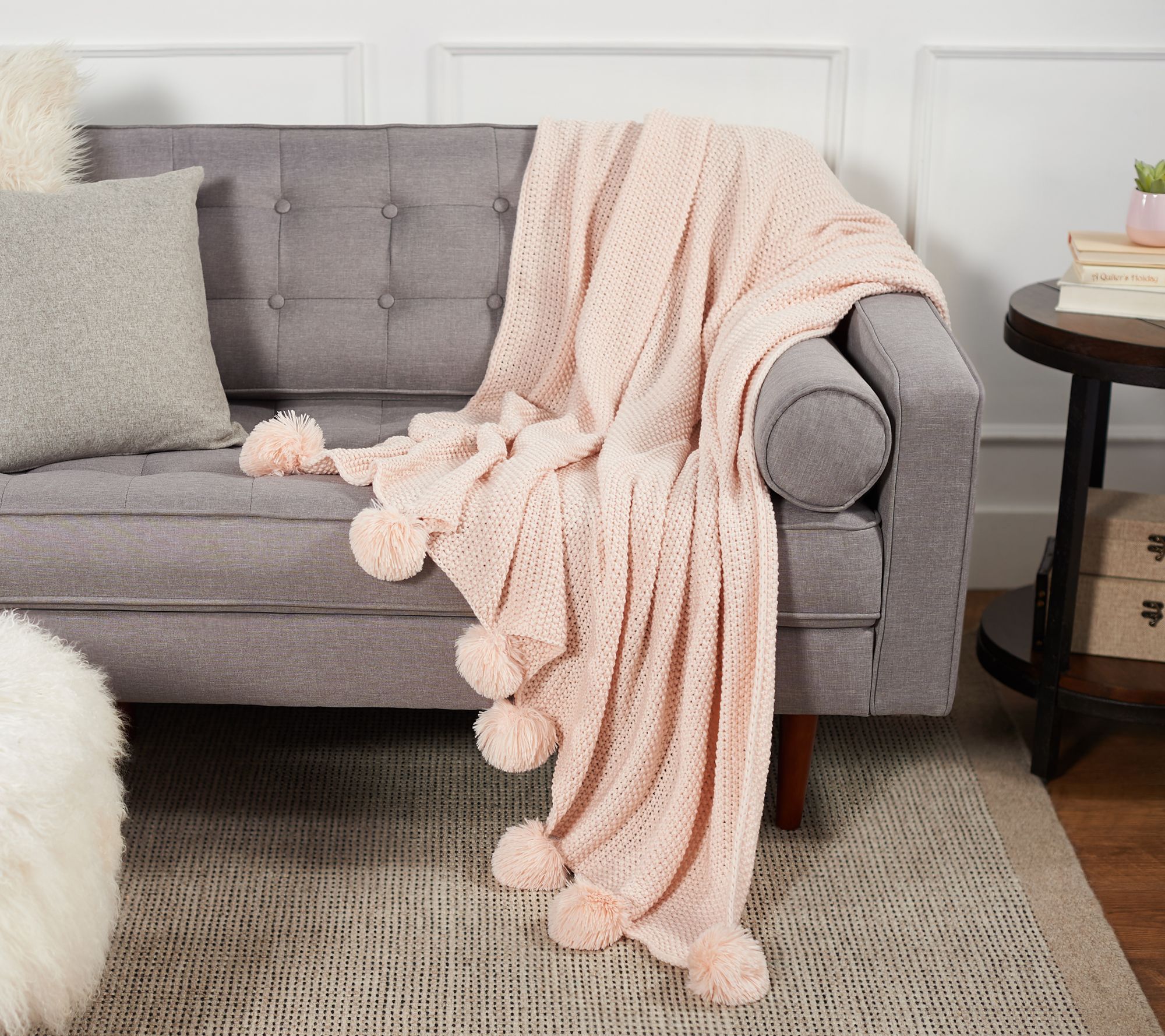 Peace Love World 60" x 70" Seed Stitch Throw with Pompoms