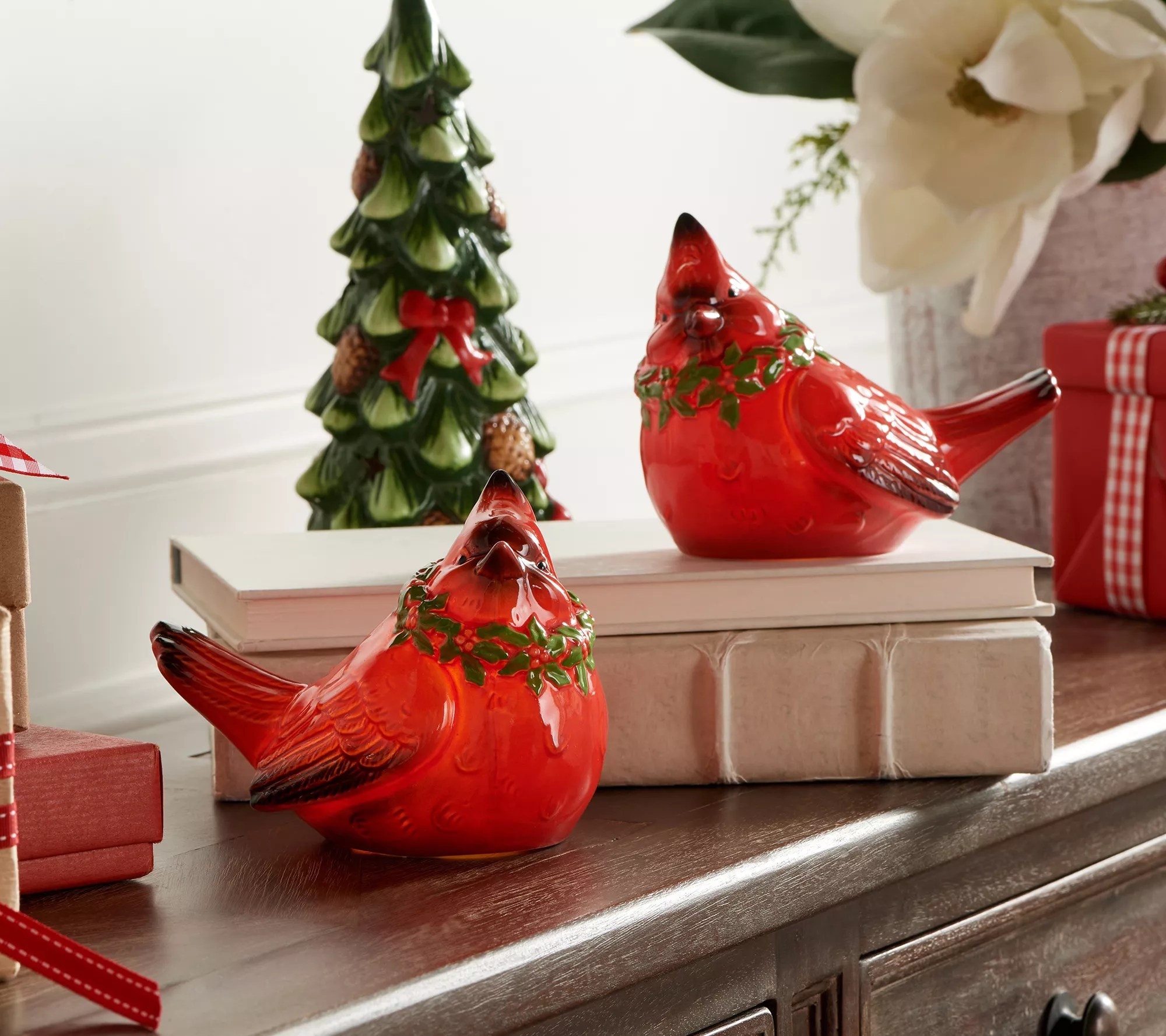 2Piece Illuminated Cardinals with Greenery by Valerie