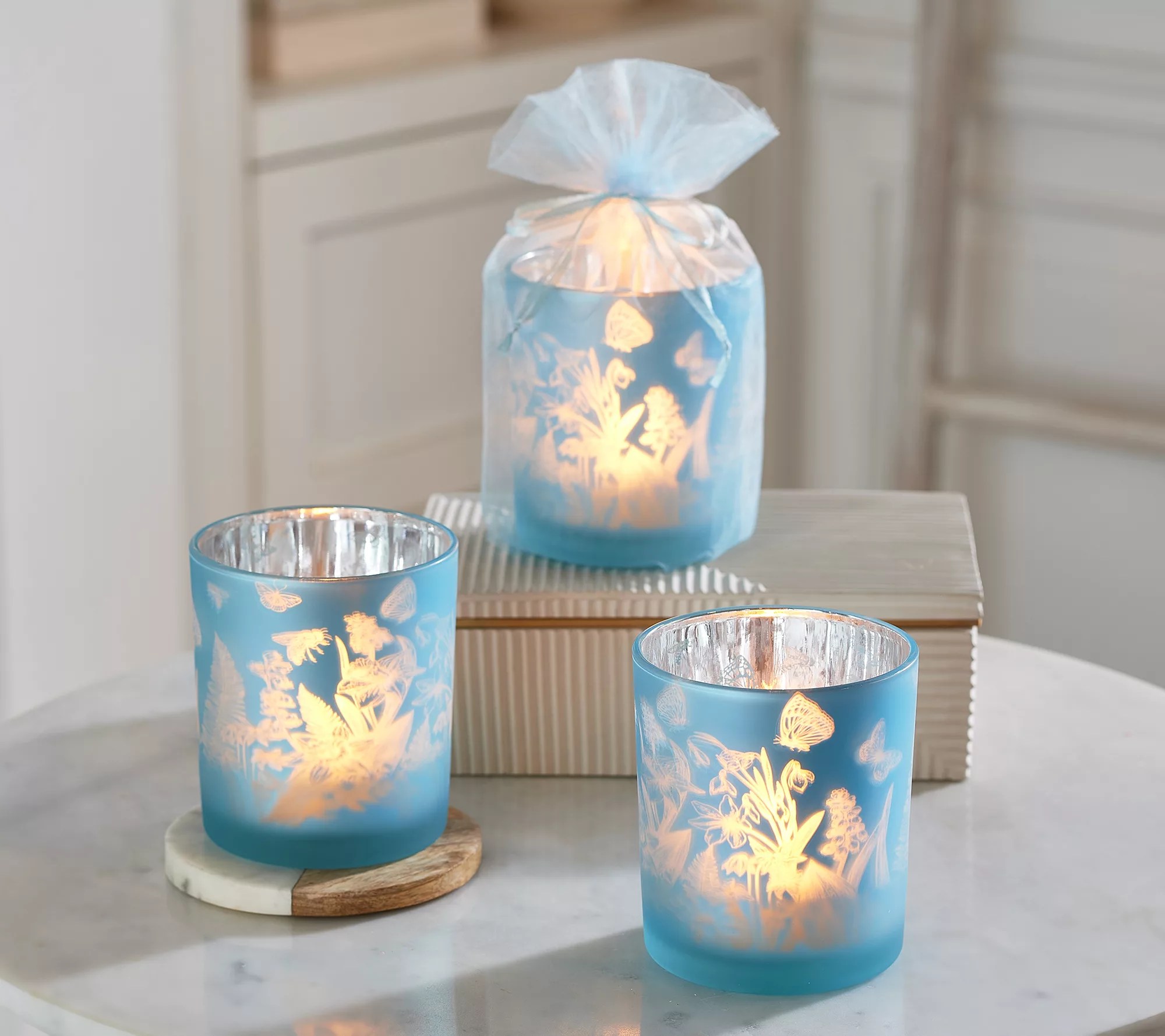 "As Is" Set of 3 Lit Floral & Butterfly Glass Mini Hurricanes by