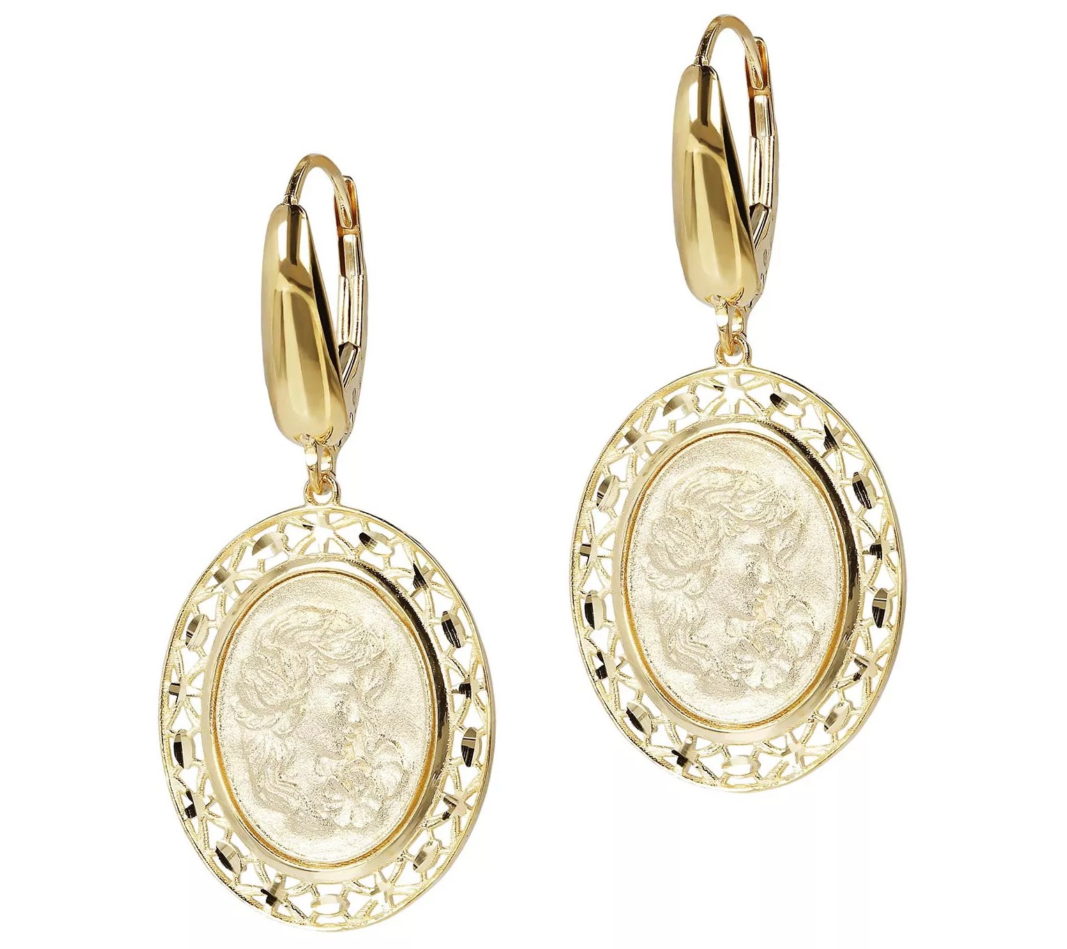 Italian Gold Oval Cameo Dangle Earrings, 14K Gold