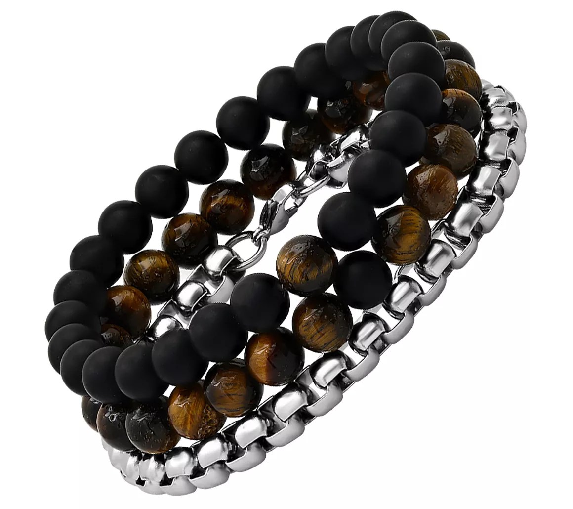 Steel by Design Men's Set of Three Gemstone Beaded Bracelets