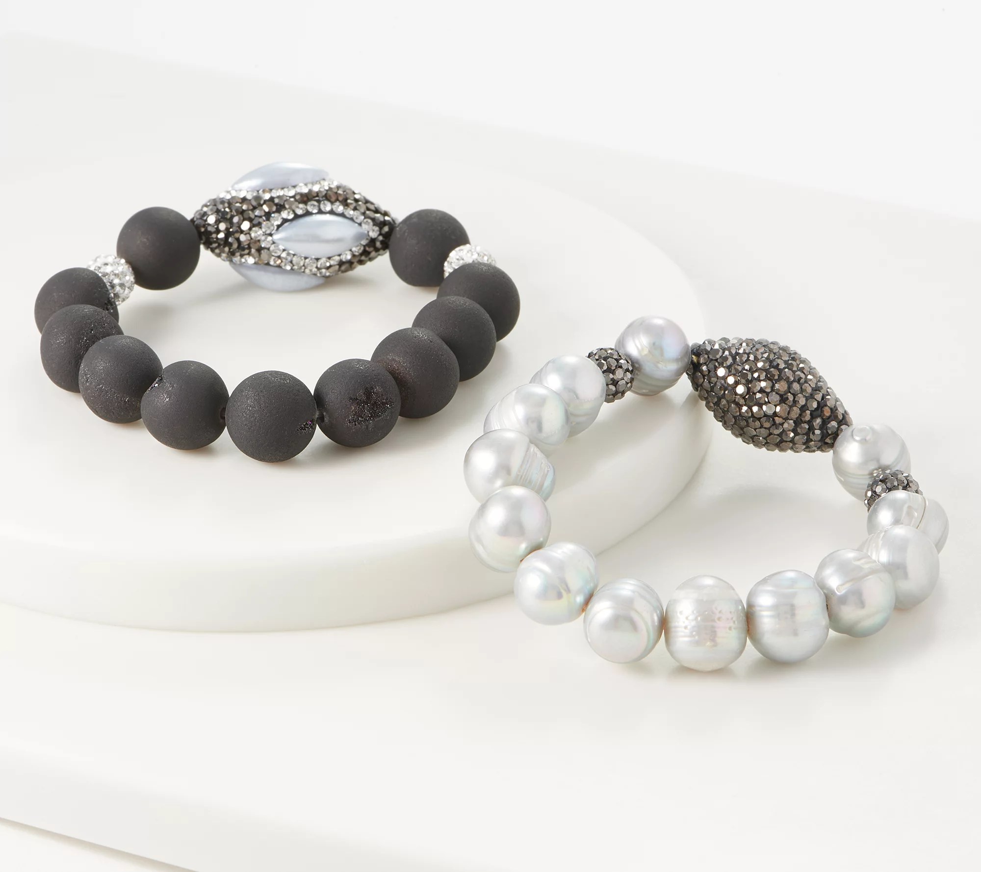 Susan Graver Set of 2 Cultured Pearl & Crystal Bracelets