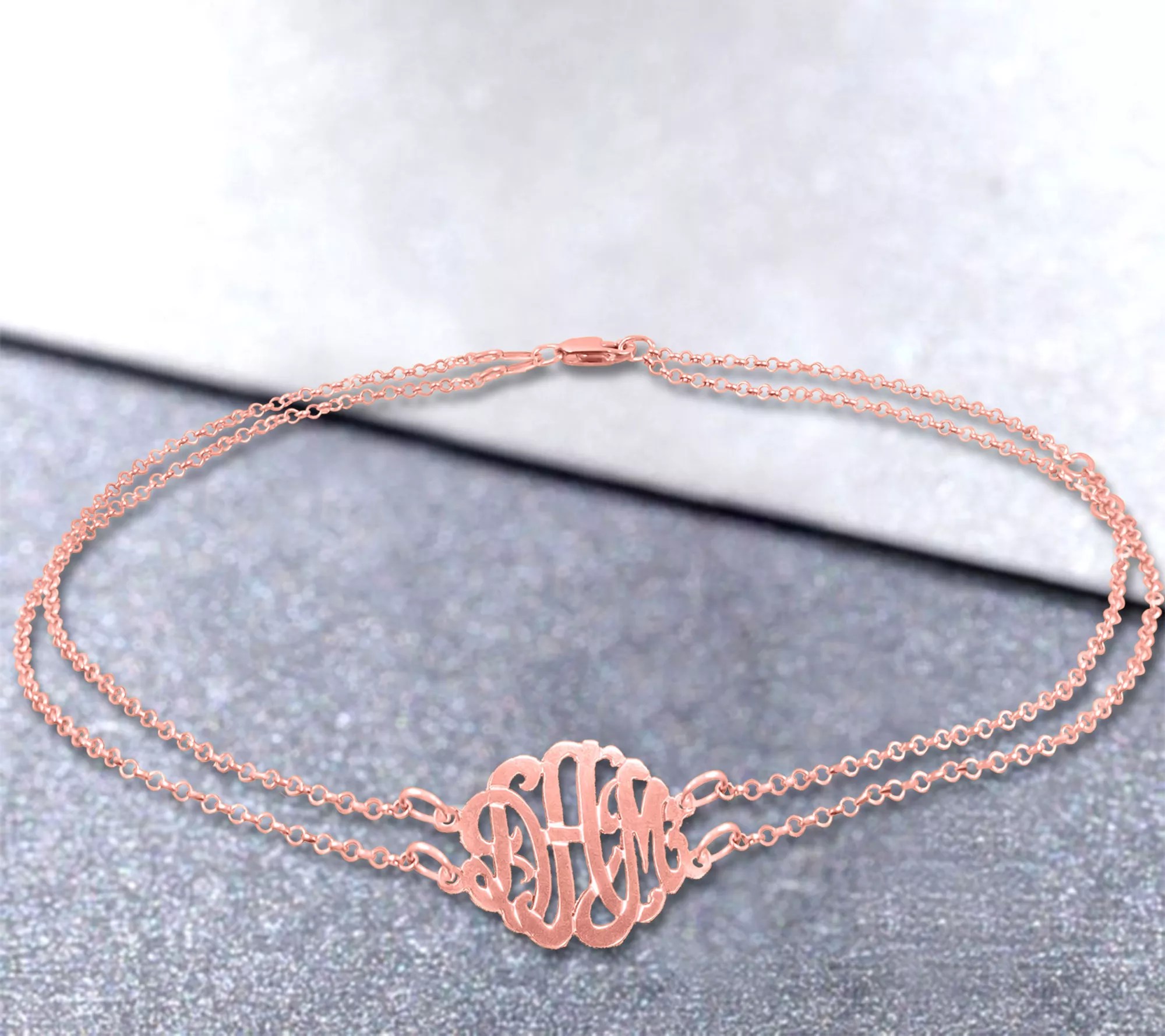 14K Rose Gold Plated Sterling Monogram Ankle Br acelet