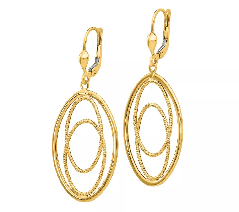 14K Gold Oval Overlapping Dangle Leverback Earrings