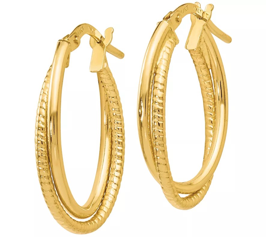 Italian Gold Polished and Textured Oval Hoop Earrings, 14K