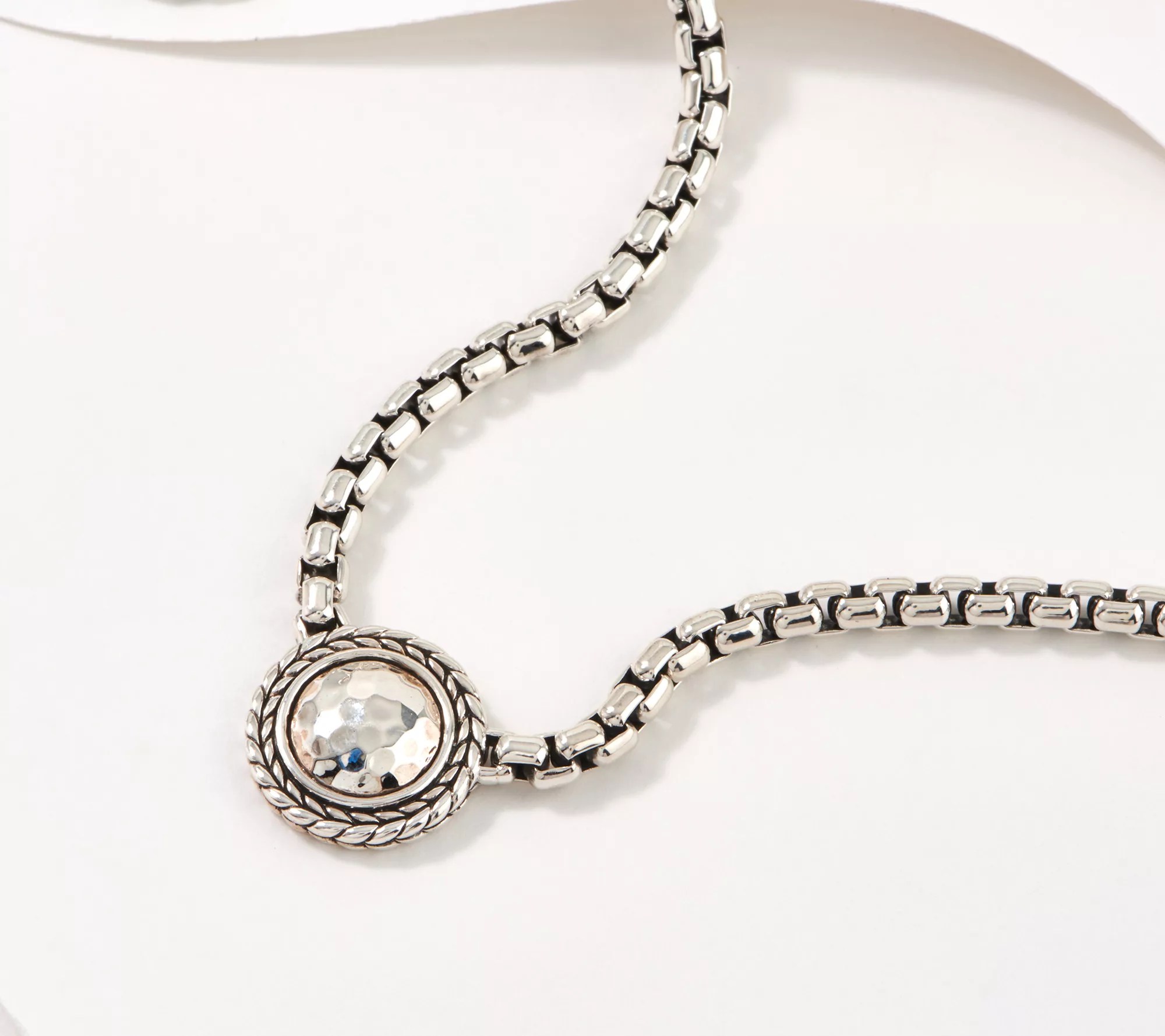 JAI Sterling Silver Hammered Disk Box Chain Necklace