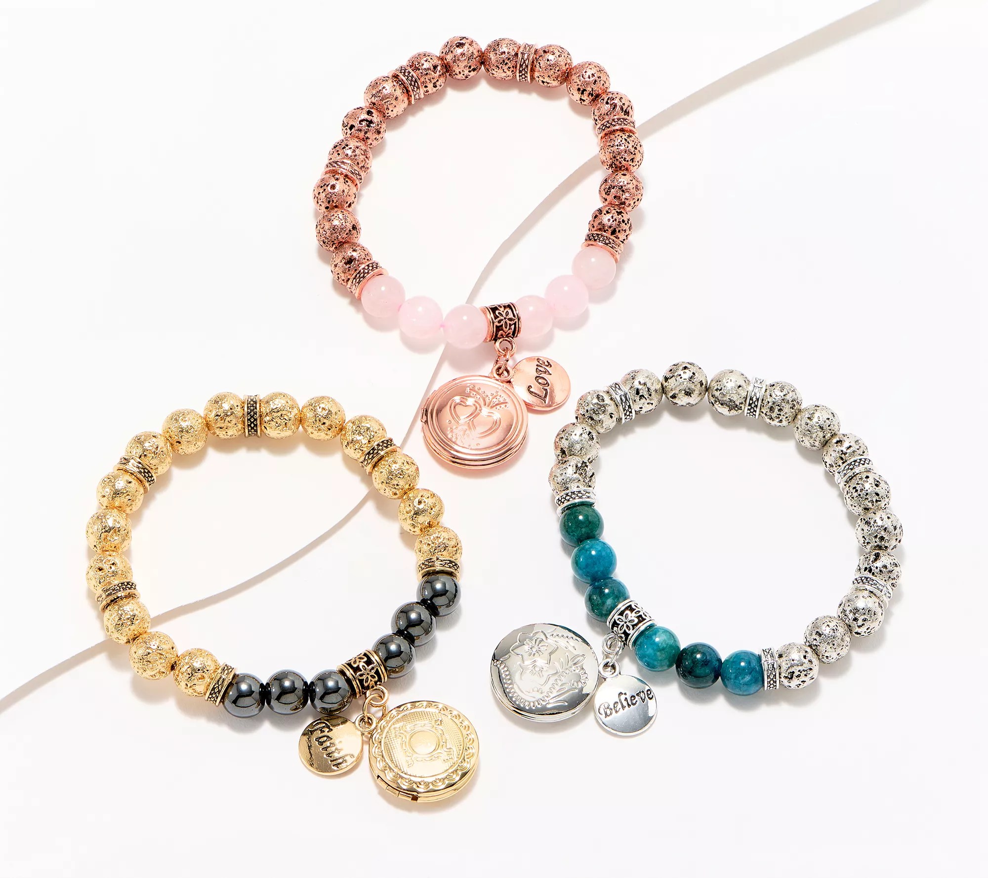 Set of 3 Locket & Charm Lava Bead & Gemstone Bracelets with Organza