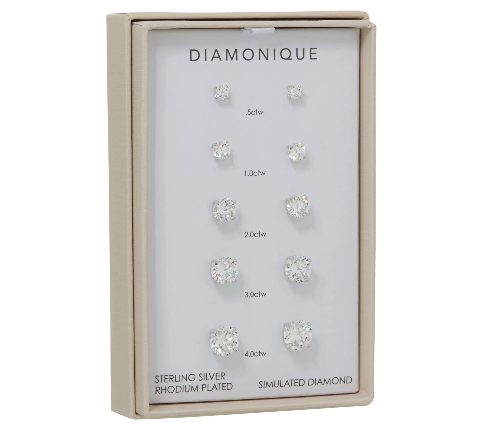 Diamonique Set of 5 Stud Earrings, Sterling or 14K Plated, Boxed