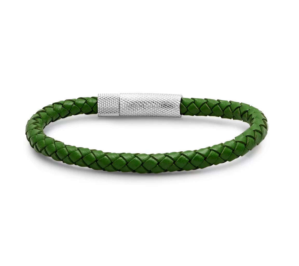 Steel by Design Men's Stainless Steel Green Leather Bracelet