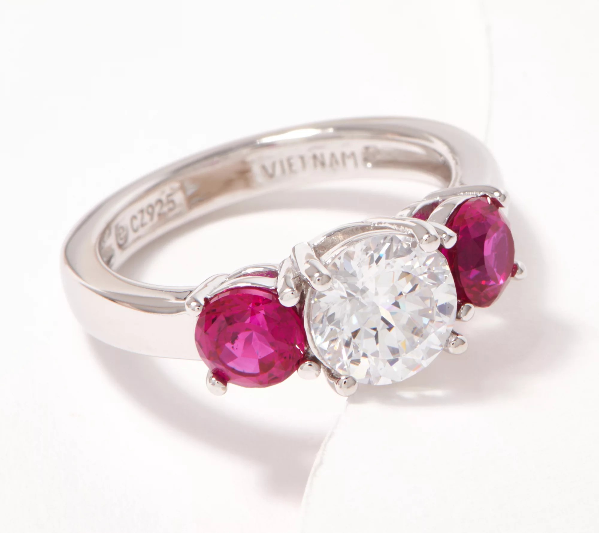 Diamonique 100 Facet Three Stone Ring with Color Sterling Silver