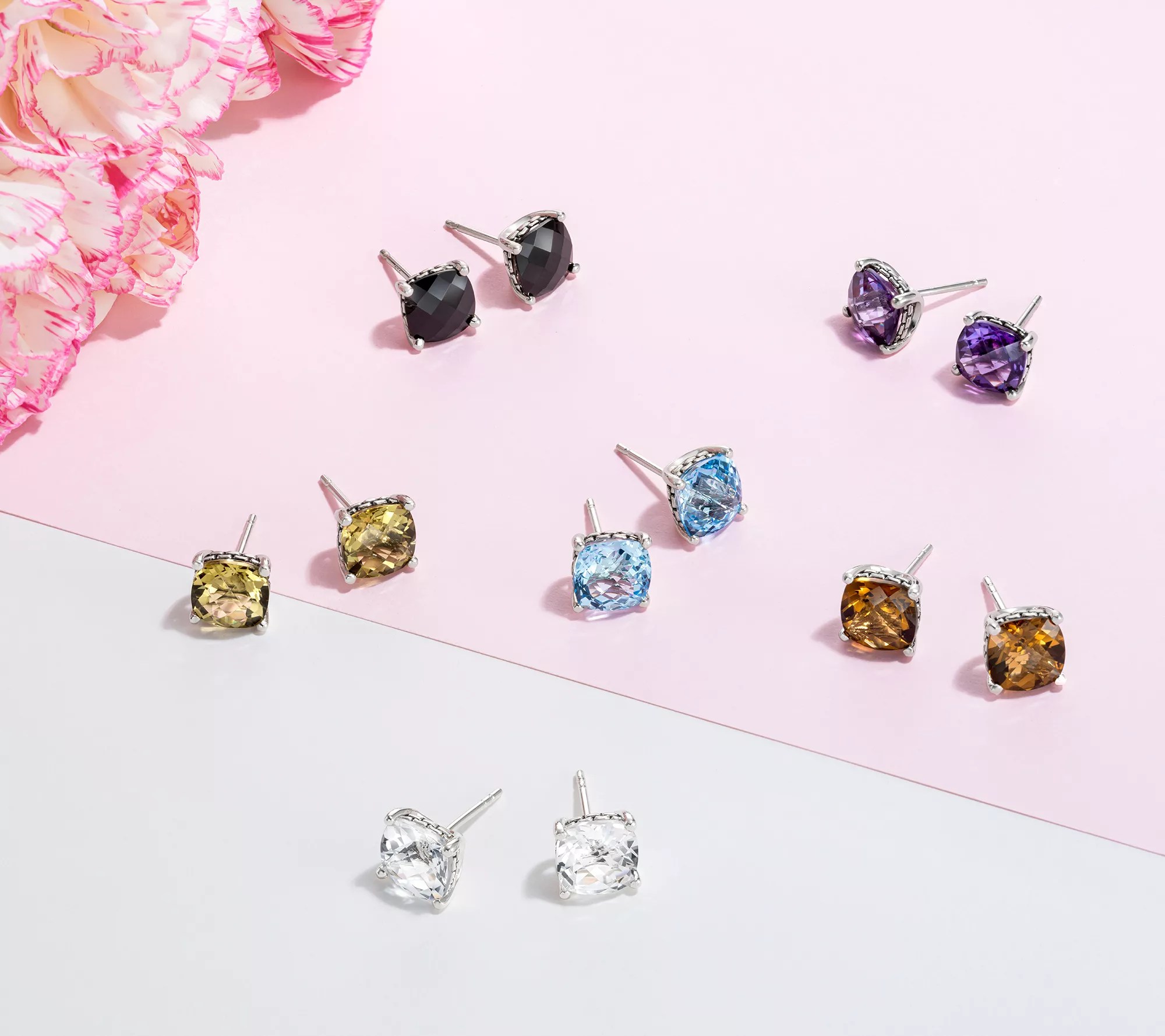 JAI Sterling Silver Cushion Cut Gemstone Stud Earrings, 3.10cttw