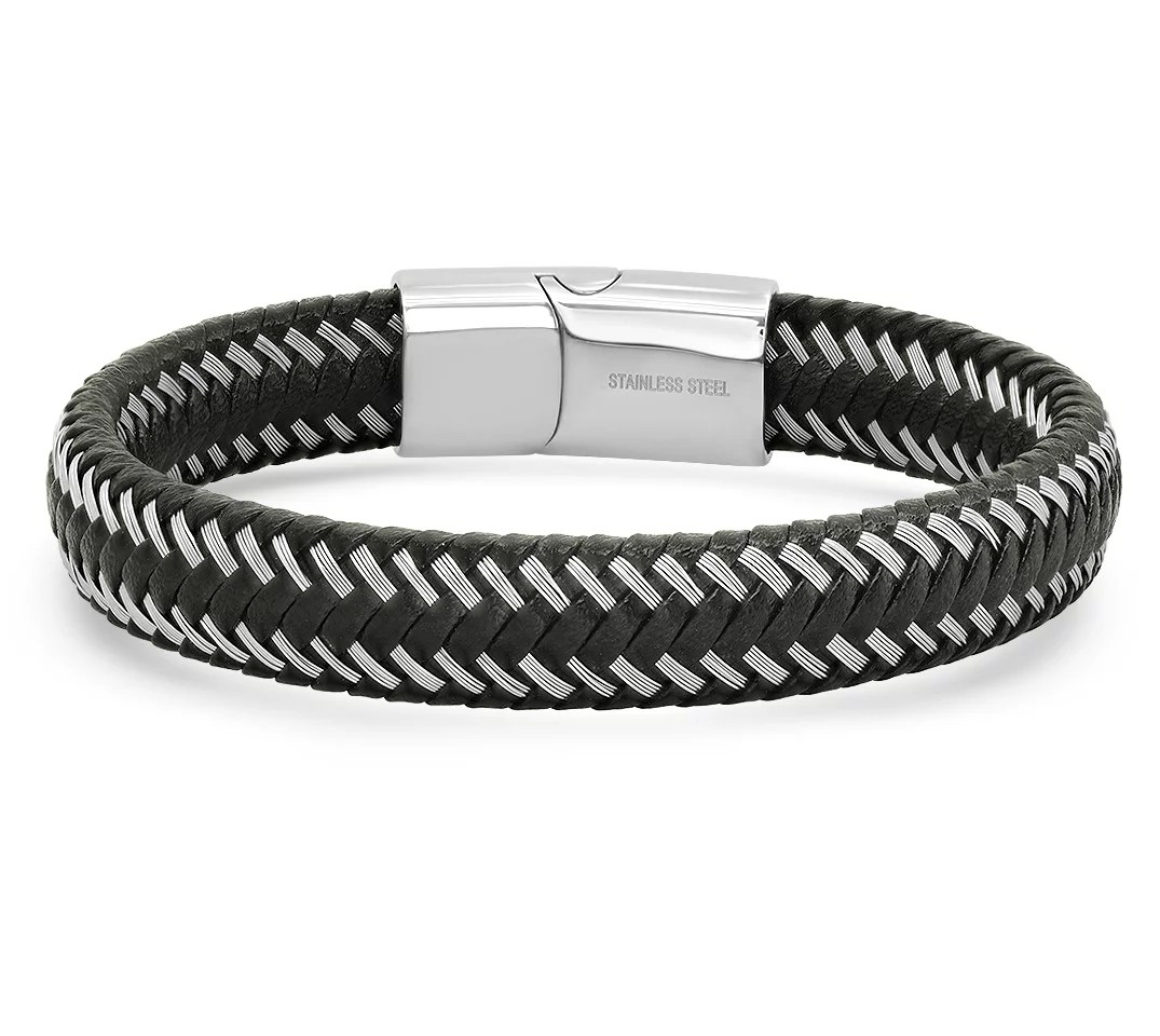 Steel by Design Men's Stainless Stitched Leather Bracelet