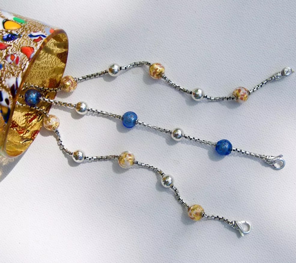 JAI Sterling Silver Italian Murano Bead Box Chain Bracelet