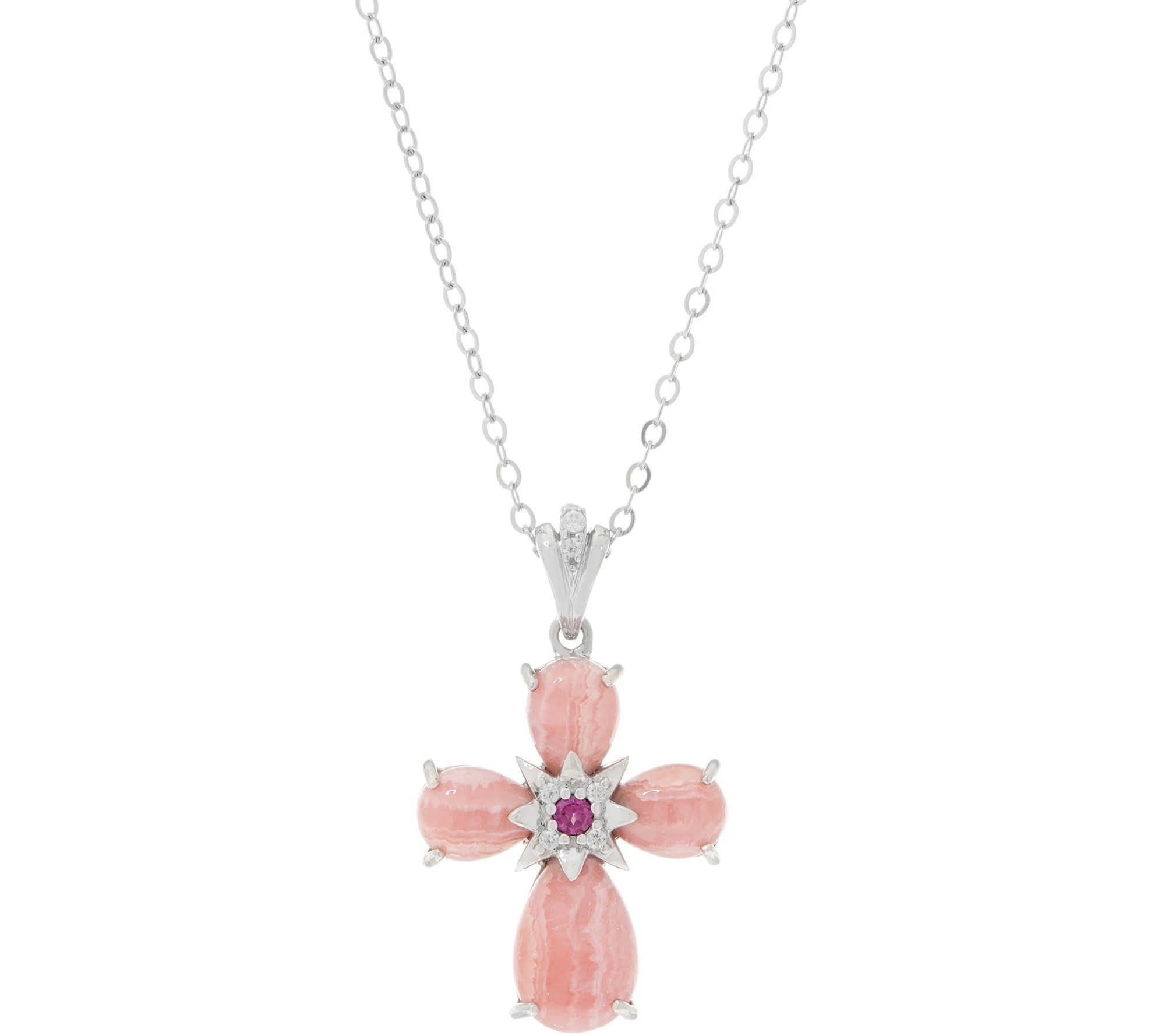 Gemstone Cross Pendant with 18" Chain, Sterling Silver