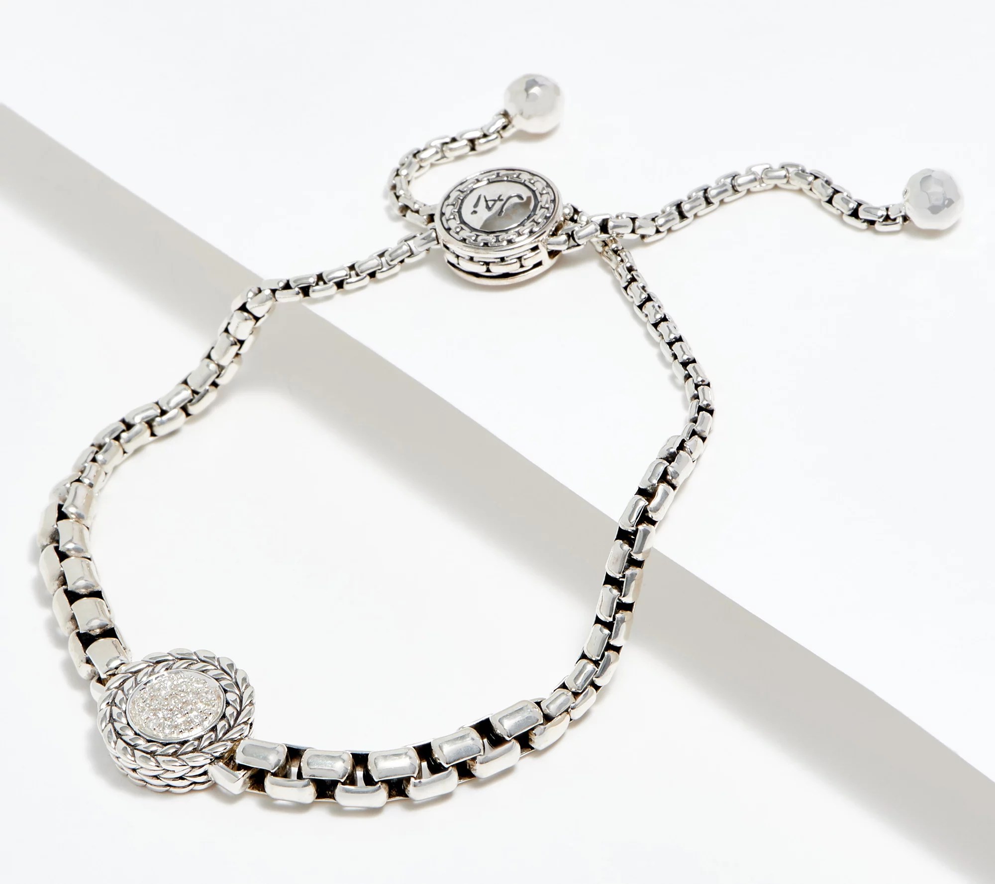 JAI Sterling Silver Diamond Station Box Chain Bracelet