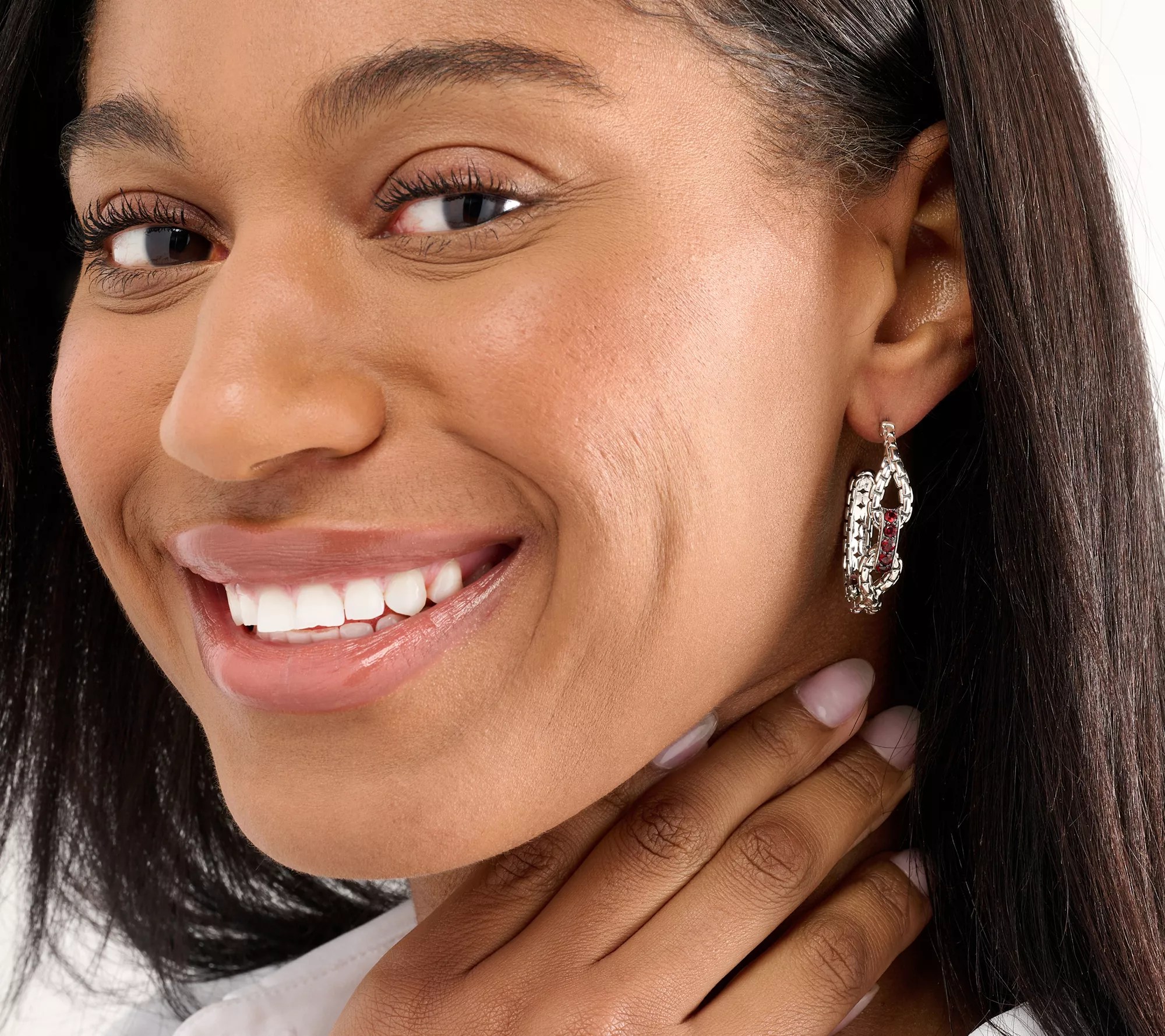 JAI Sterling Silver Pave Gemstone Box Chain Hoop Earrings